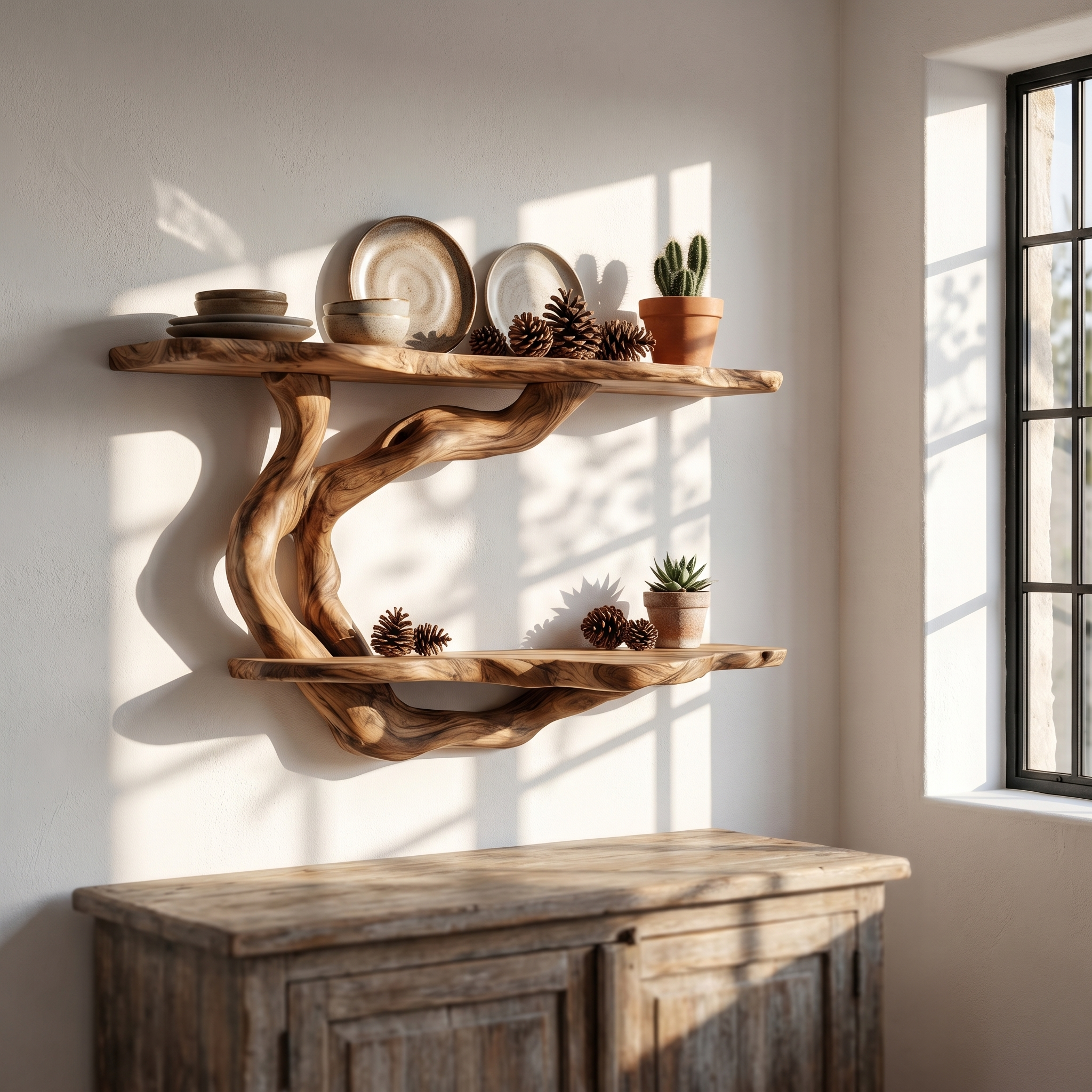 Handcrafted Floating Shelf With Sculptural Tree Form For Living Room Decor SINLHAFL555