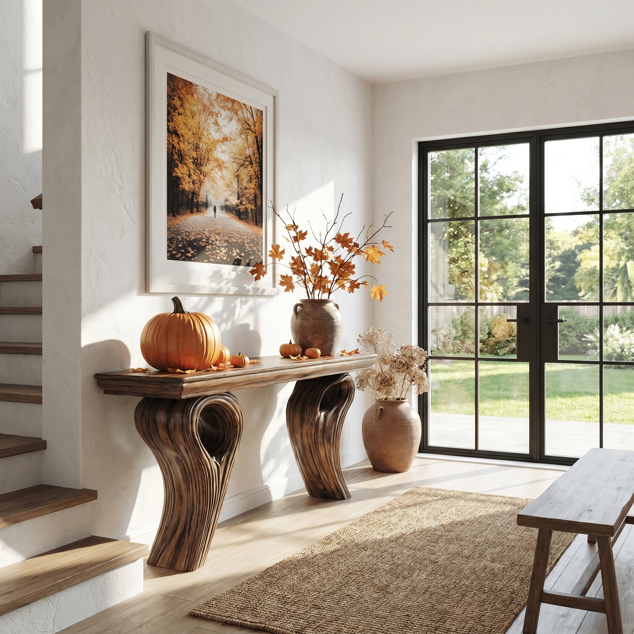Rustic Organic Storage Console Table With Tree Inspired Base For Hallway And Living Room SINLHACS662