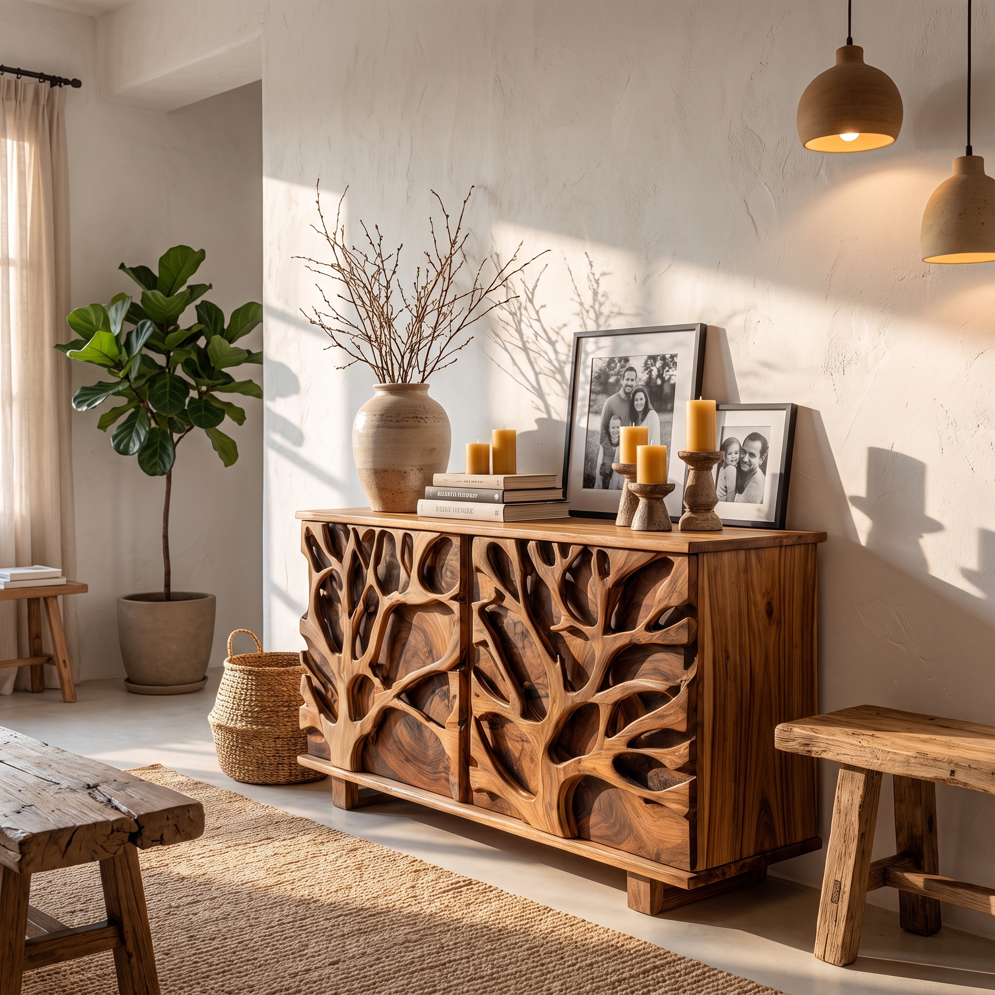 Nature Inspired Storage Cabinet With Hand Carved Wood Design For Entryway SINLHASC538