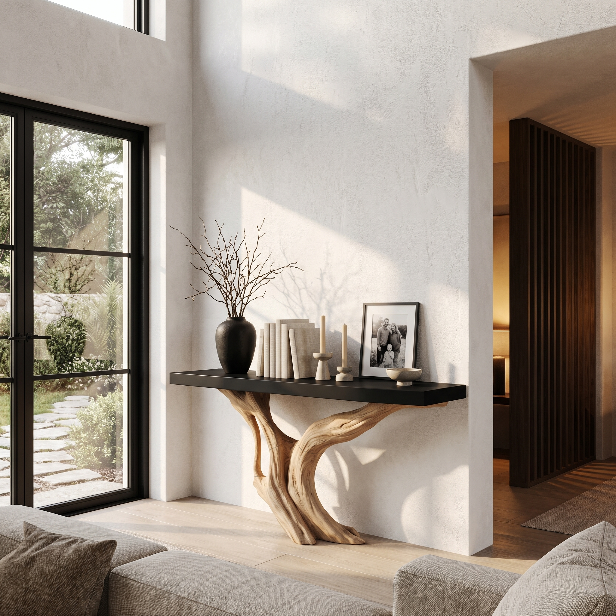 Organic Wall Mounted Console Table With Sculptural Wood Base For Hallway SINLHACS671