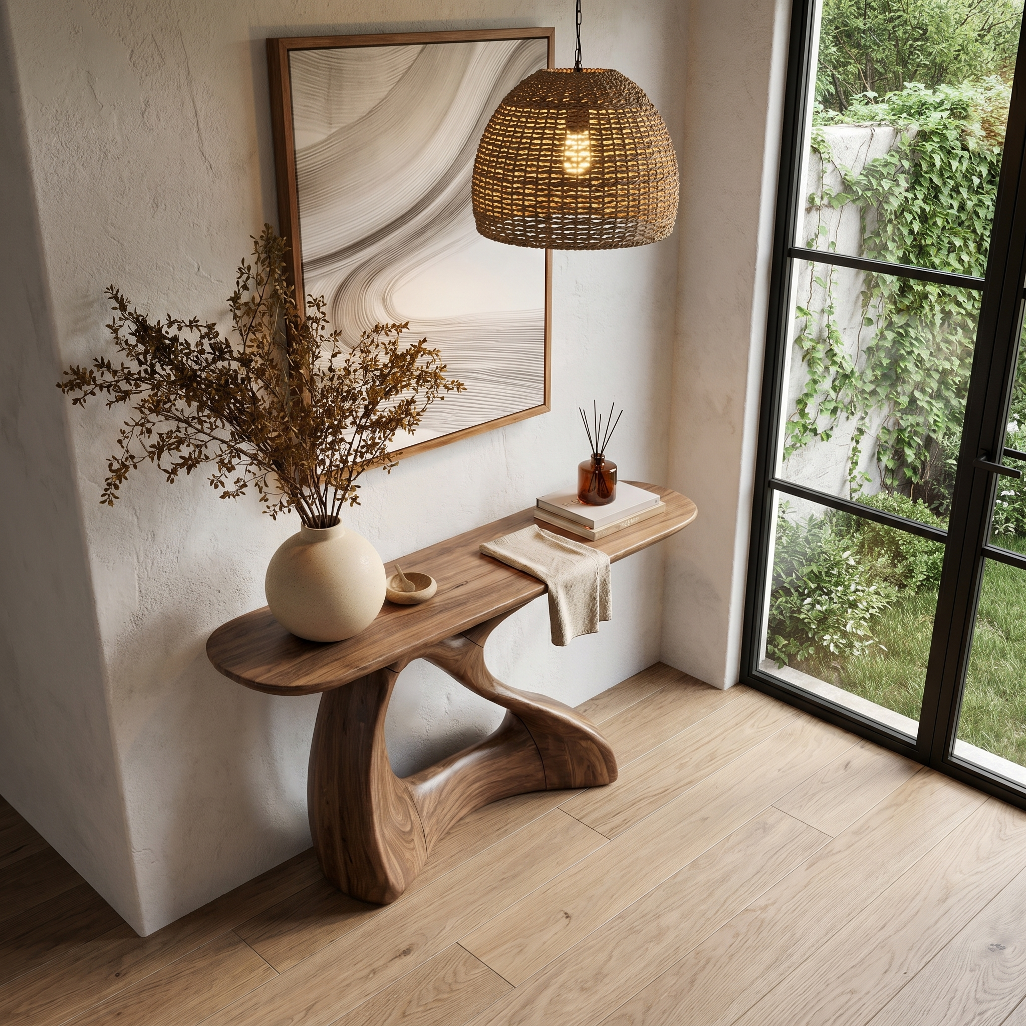 Sculptural Console Table With Twisted Wooden Base For Entryway SINLHACS581