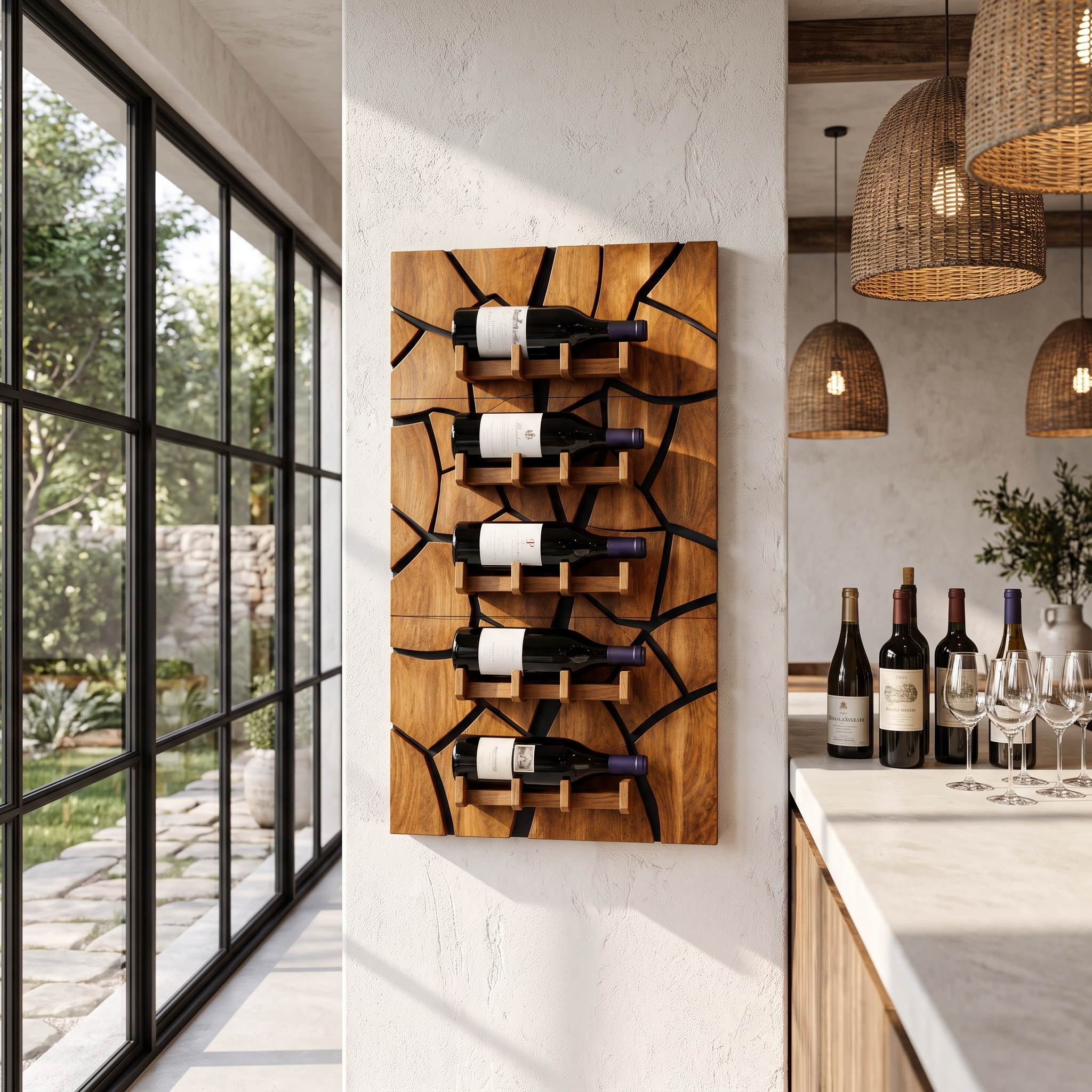 Rustic Wall Mounted Wine Holder With Geometric Bottle Display For Dining Room SINLHAWH046