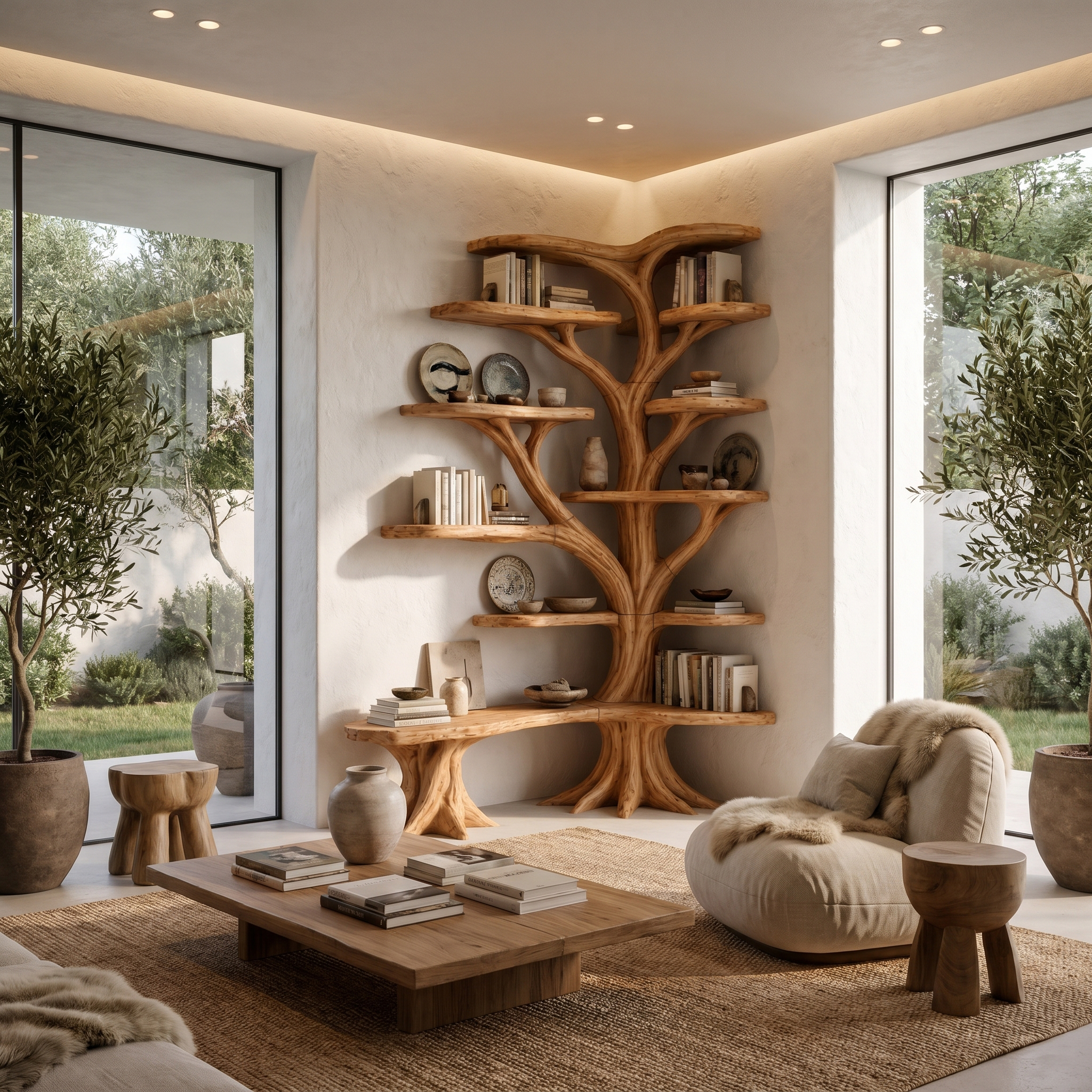 Organic Tree Bookshelf With Sculptural Branch Design And Multi Tier Display Shelves For Living Room SINLHATB751