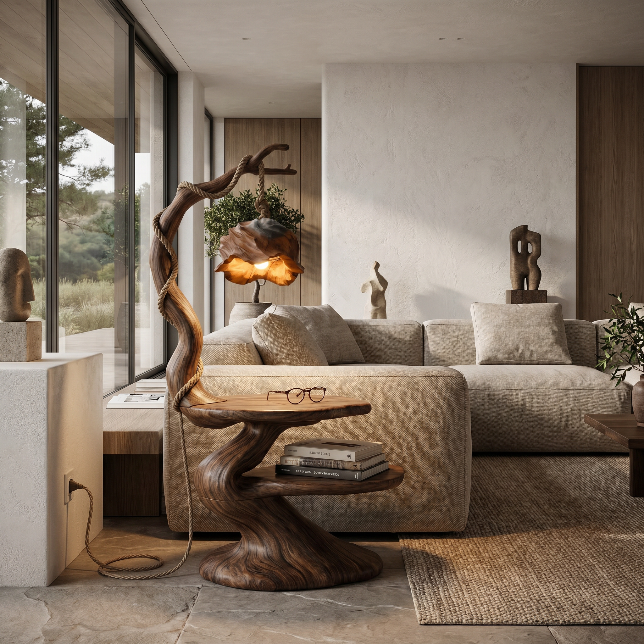 Rustic Beside Table With Tree Root Design And Hanging Lamp For Bedroom SINLHABT264