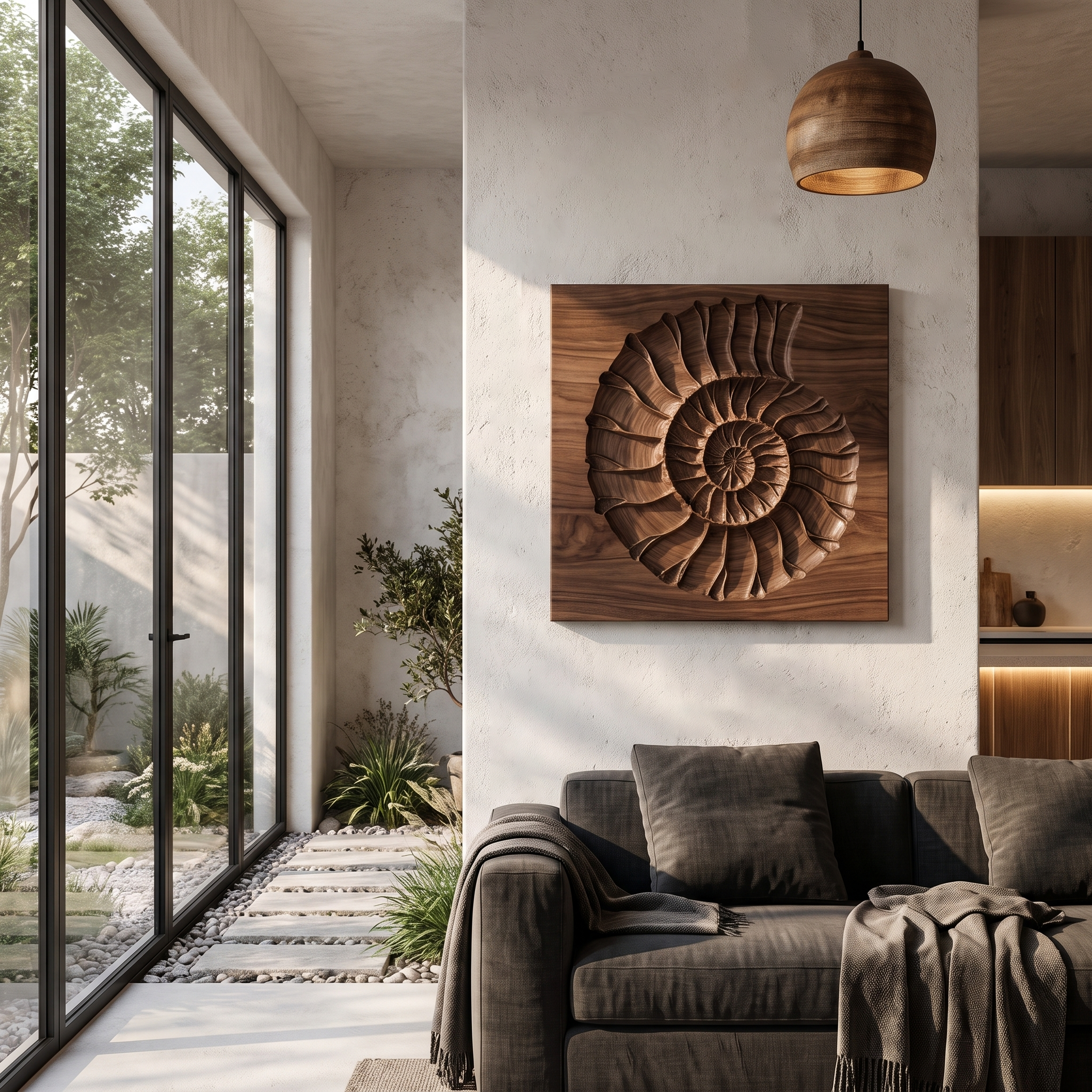 Rustic Ammonite Fossil Wooden Wall Decor For Living Room SINLHAWA136