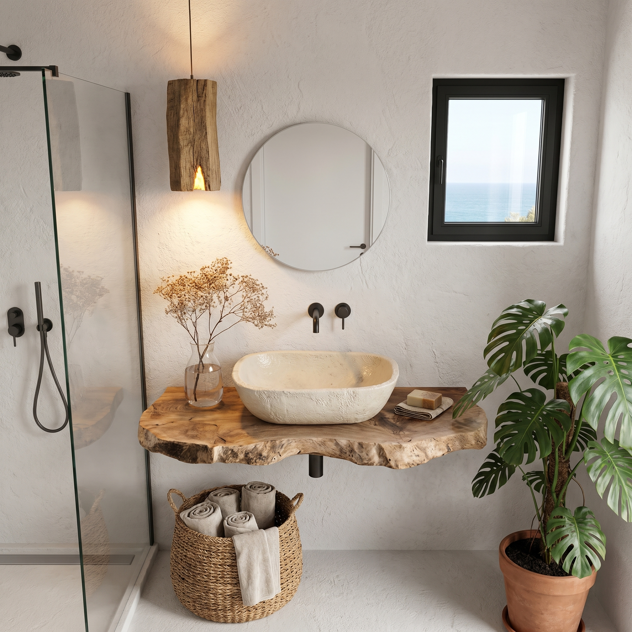 Rustic Floating Bathroom Vanity With Live Edge Wood Shelf For Bathroom And Powder Room SINLHABRV308