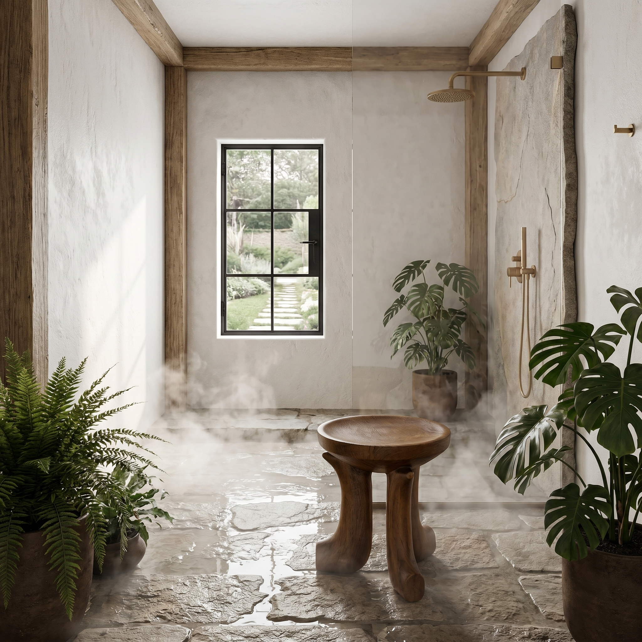 Rustic Bath Stool With Chunky Solid Wood Legs For Bathroom SINLHAWS013