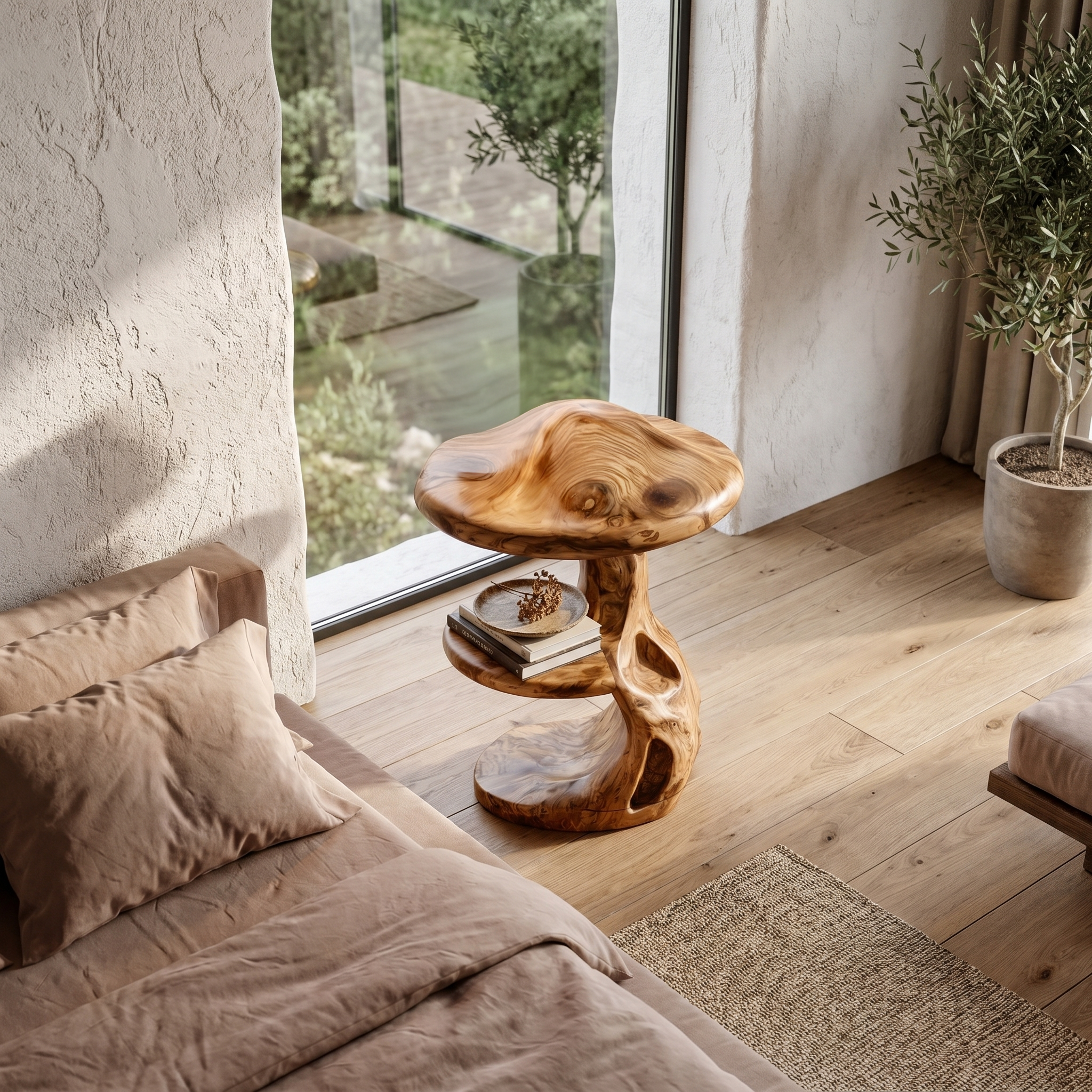 Rustic Mushroom Nightstand With Sculptural Tree Root Base And Built In Drawer For Bedroom SINLHABT260