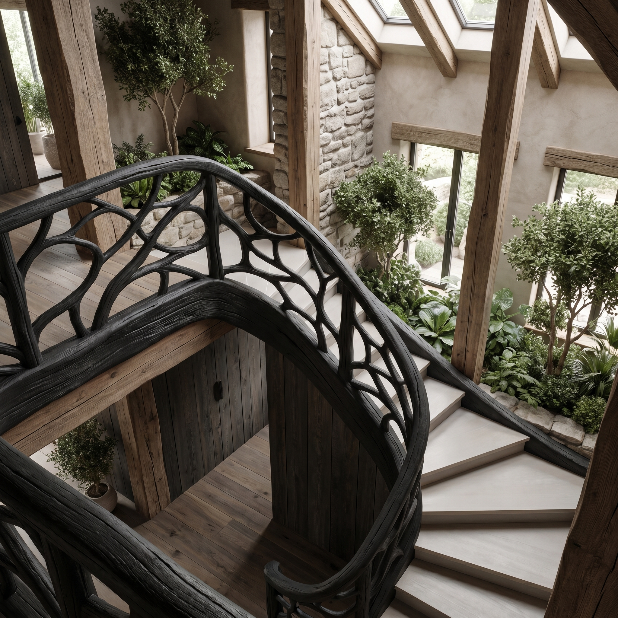 Organic Sculptural Stair Railing With Flowing Wood Design For Modern Interior SINLHAST012