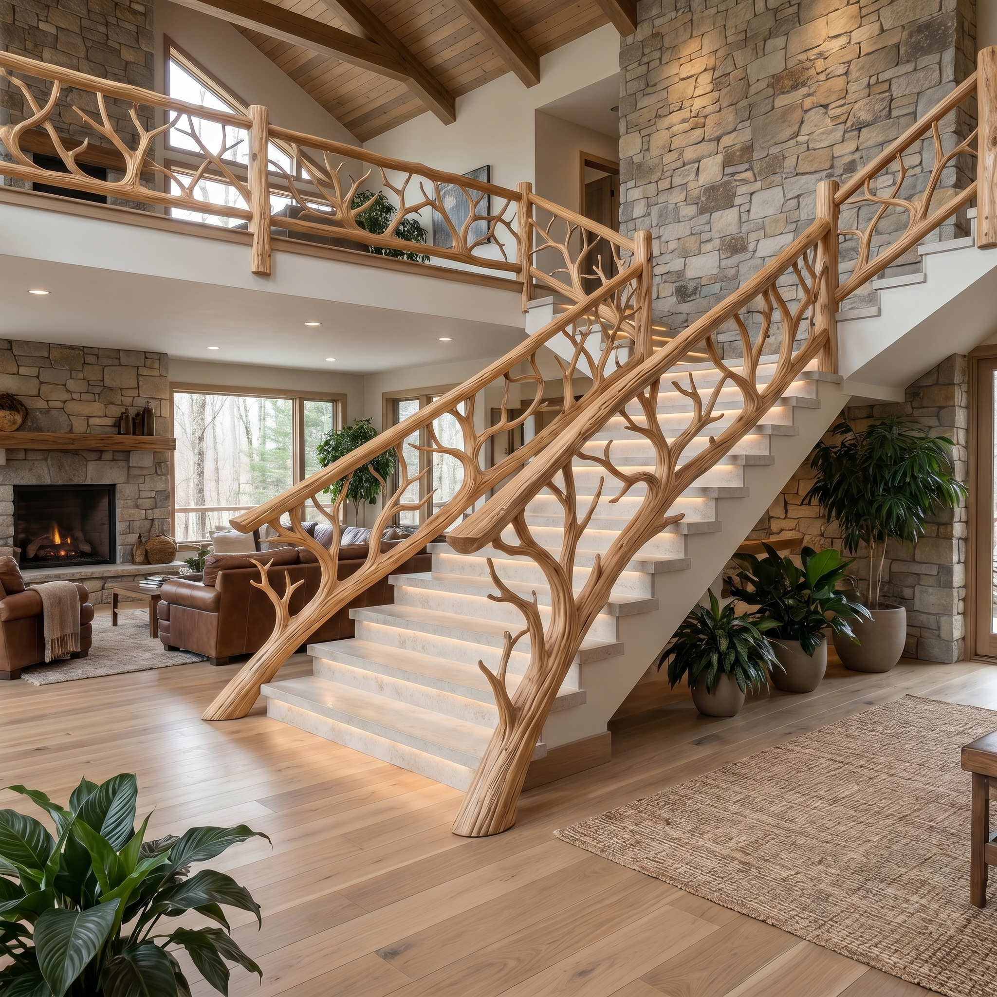 Rustic Tree Branch Stair Railing With Organic Wood Design For Interior Staircase SINLHAST013