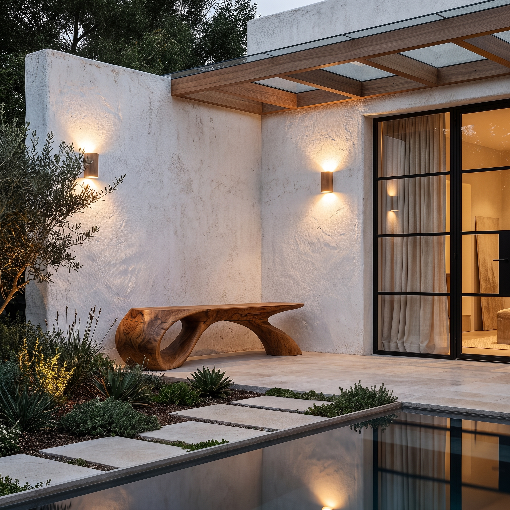 Organic Wood Bench With Sculptural Tree Branch Design For Garden And Patio SINLHABEN135