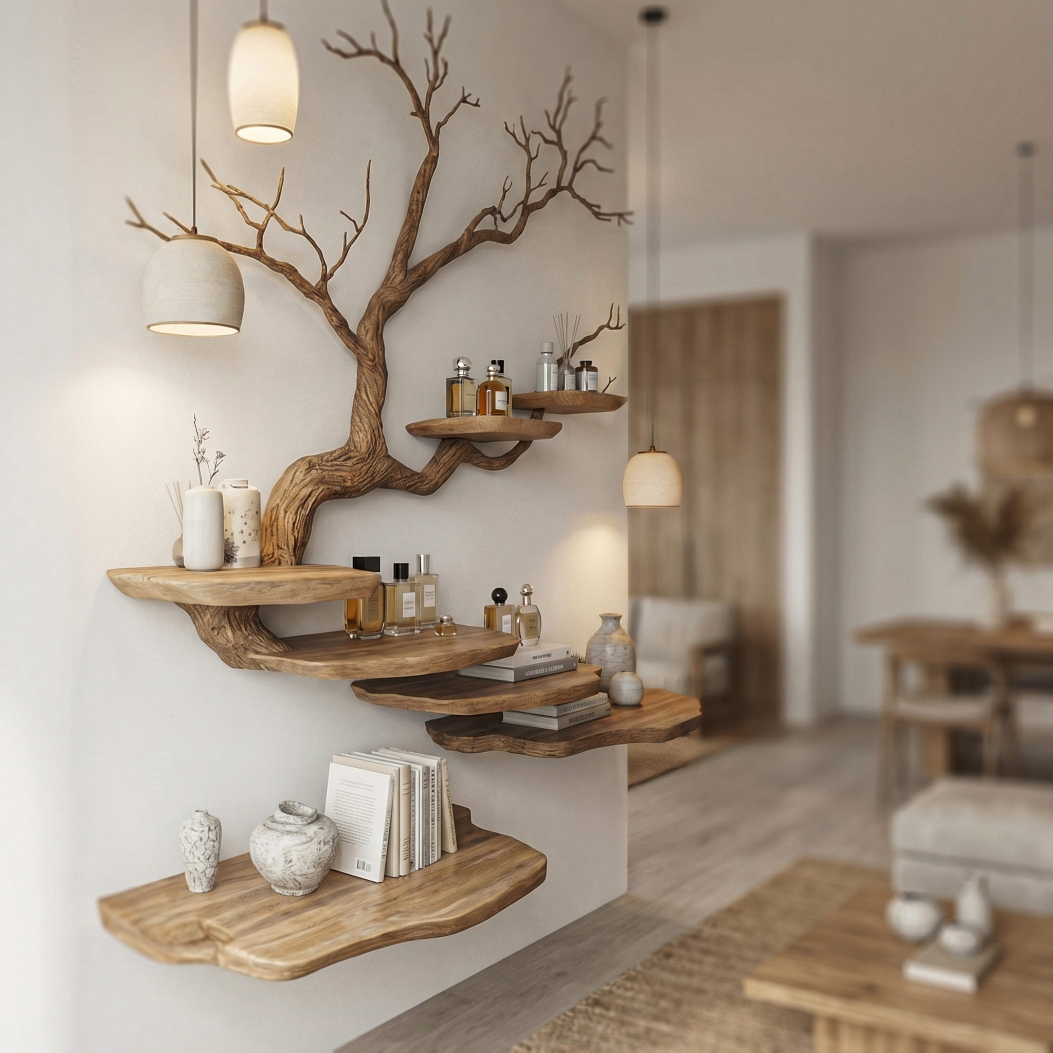 Rustic Tree Branch Wall Mounted Bookshelf For Living Room And Bedroom Space SINLHATB713