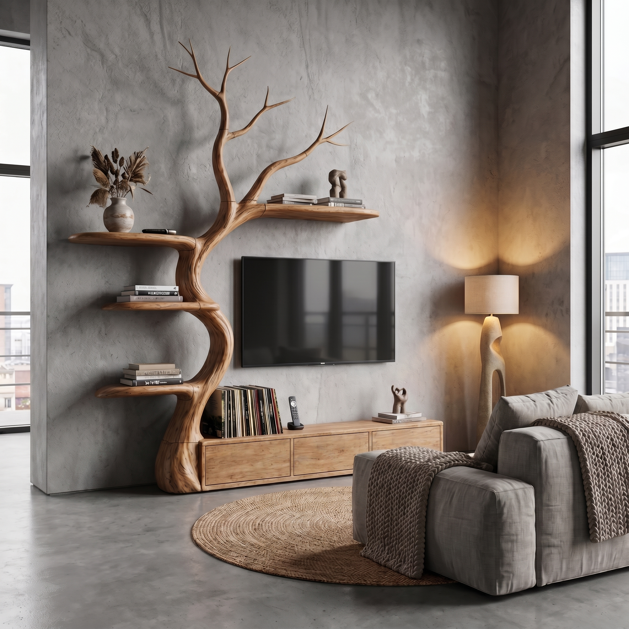 Rustic Tree Branch TV Cabinet With Integrated Display Shelves For Living Room SINLHATC039