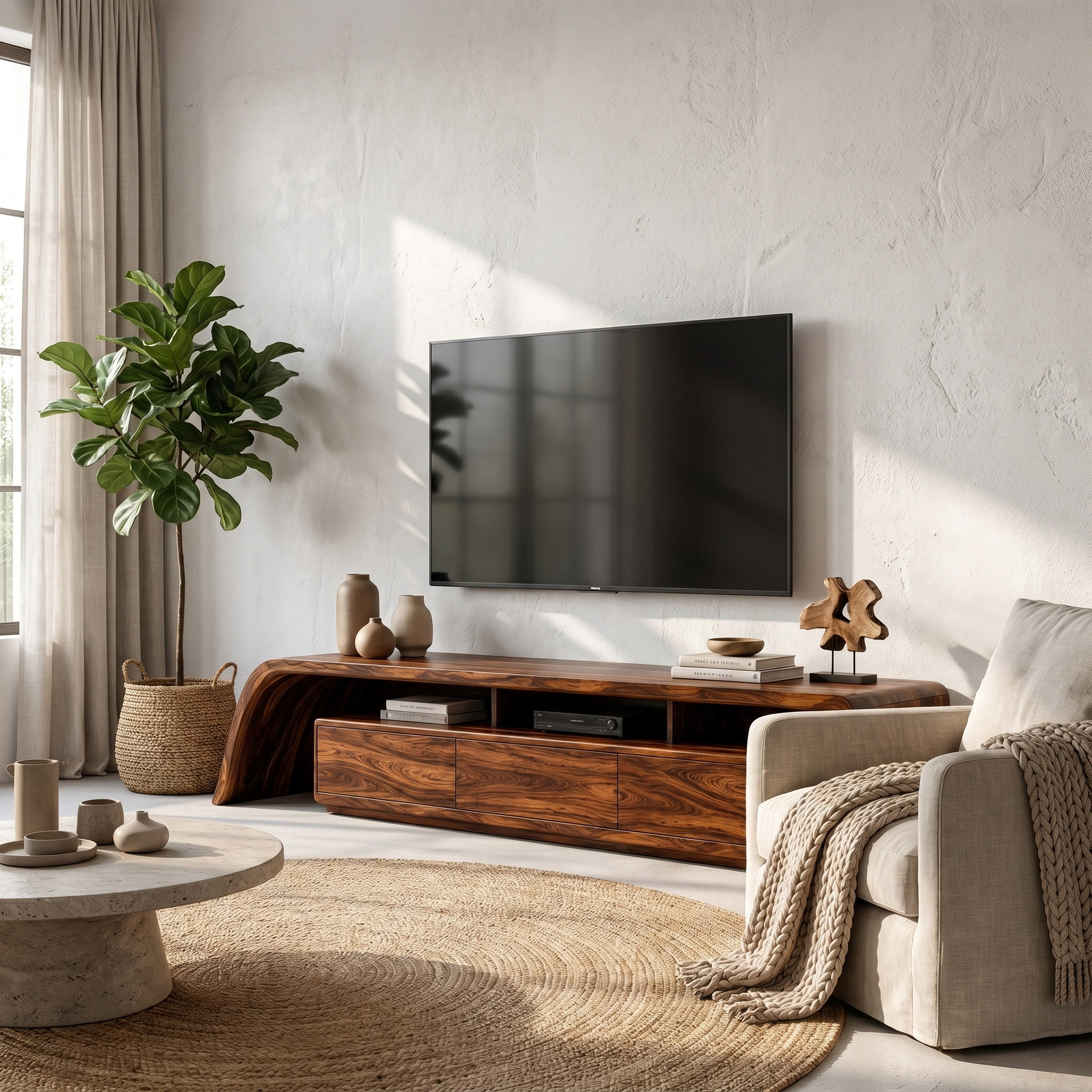 Modern TV Cabinet With Built In Storage And Rounded Curved Edges For Living Room SINLHATC040