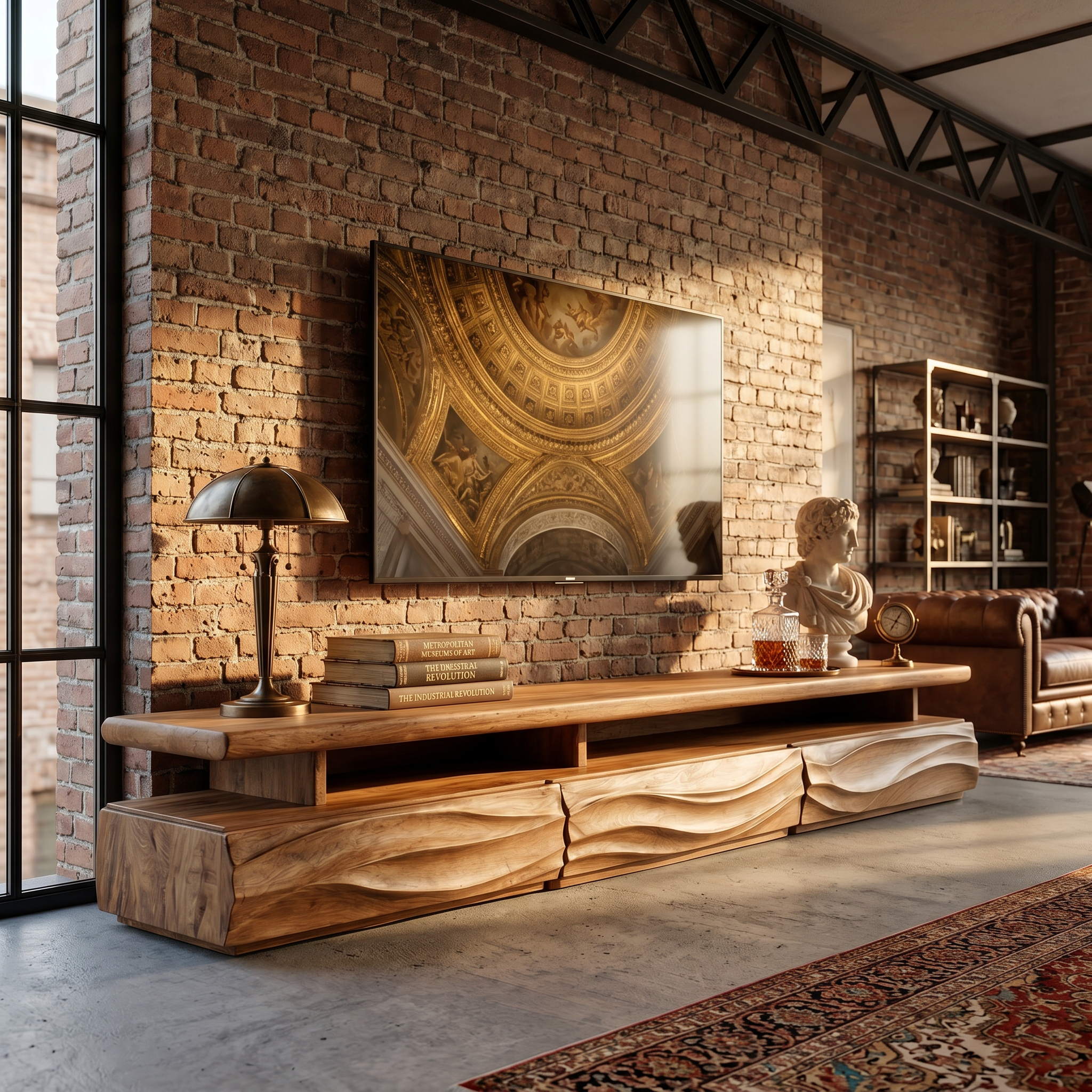 Rustic TV Cabinet With Open Storage Shelf And Wave Front Drawers For Living Room SINLHATC042