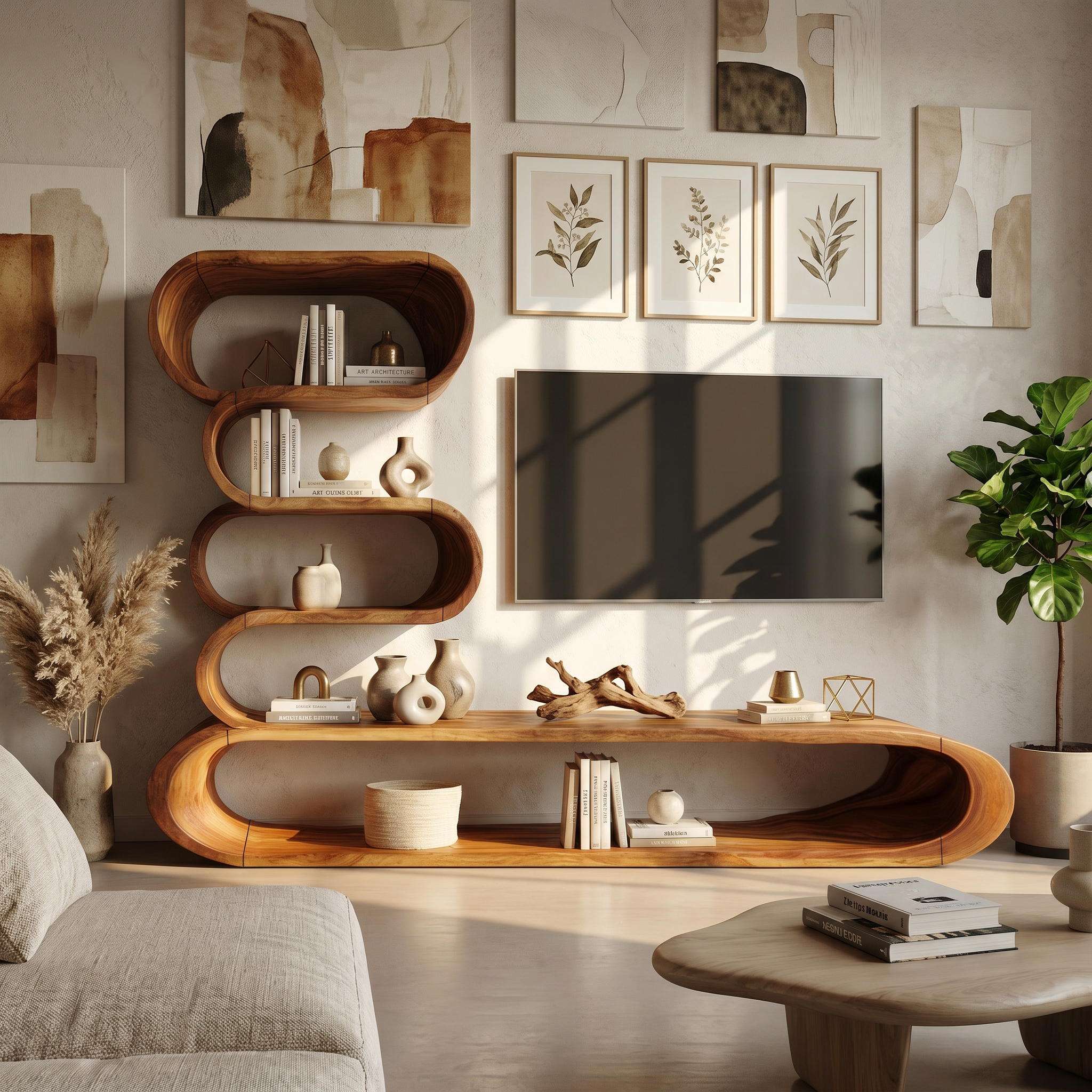 Organic TV Cabinet With Integrated Display Shelves And Rounded Storage Design For Living Room SINLHATC044