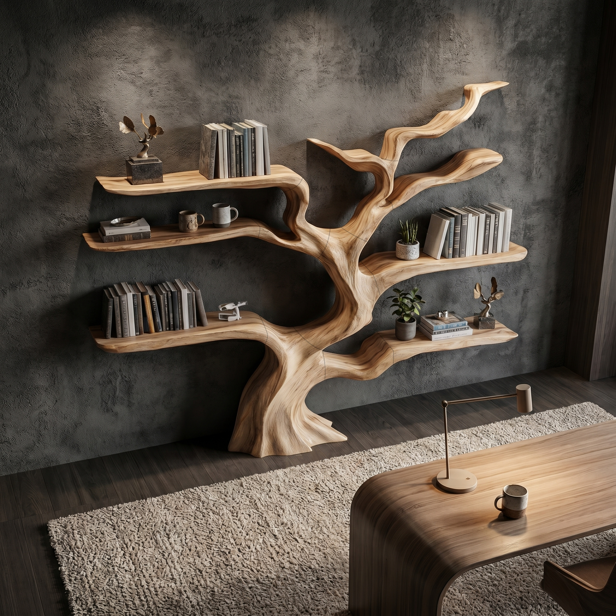 Nature Inspired Tree Bookshelf With Floating Wooden Shelves For Living Room Decor SINLHATB753