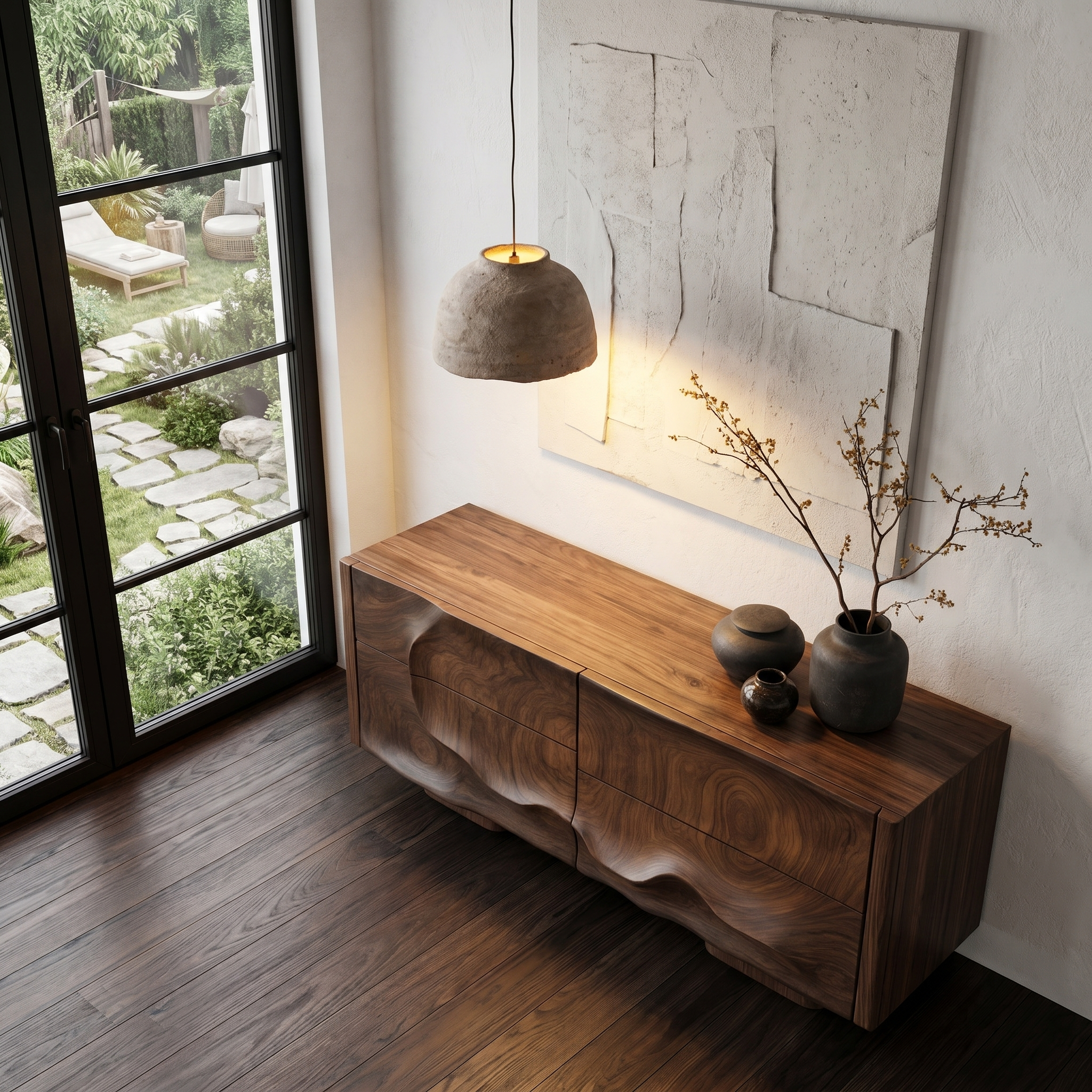 Rustic Organic Storage Cabinet With Carved Wood Doors For Living Room And Entryway SINLHASC514
