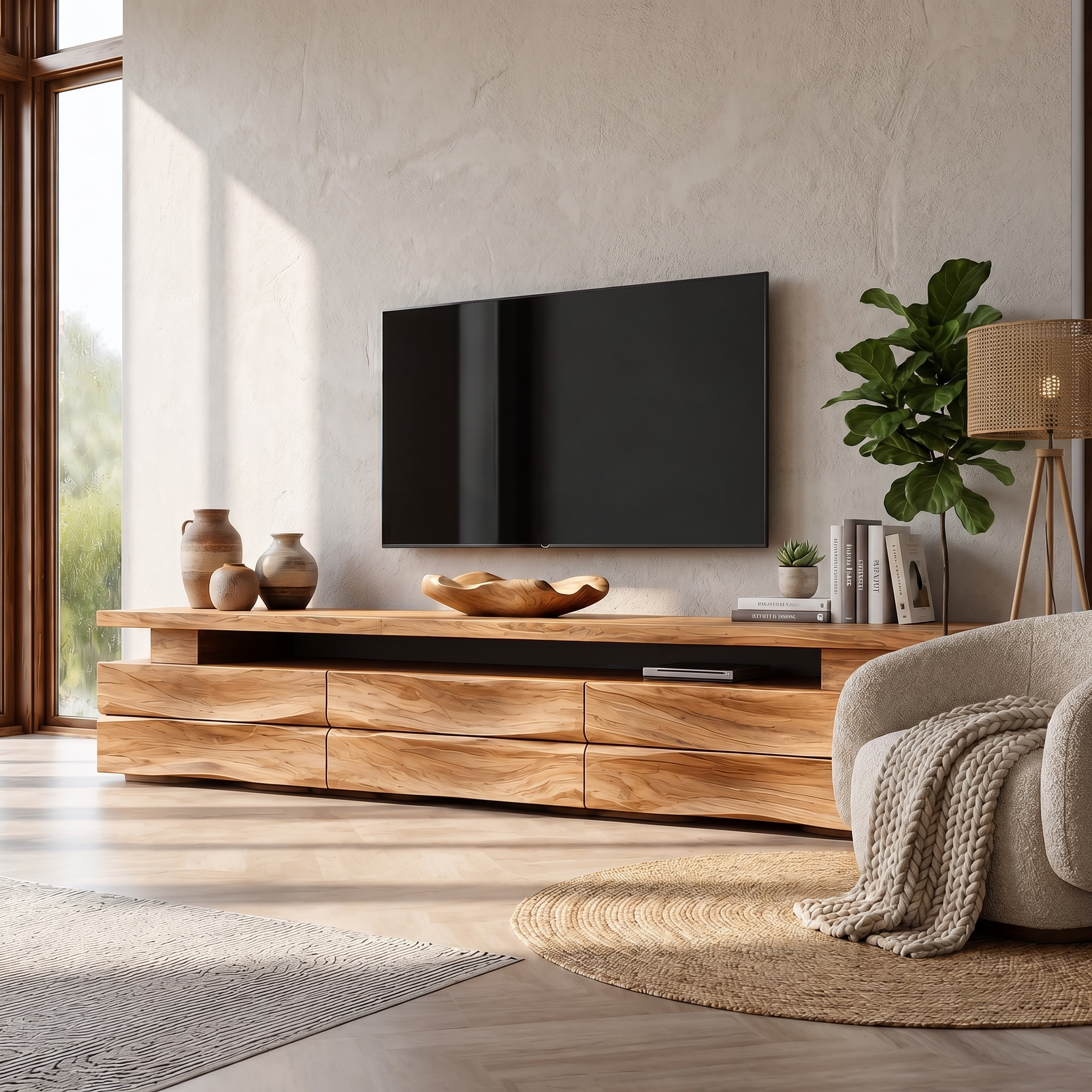 Rustic TV Cabinet With Wave Front Drawers And Open Storage Shelf For Living Room SINLHATC043