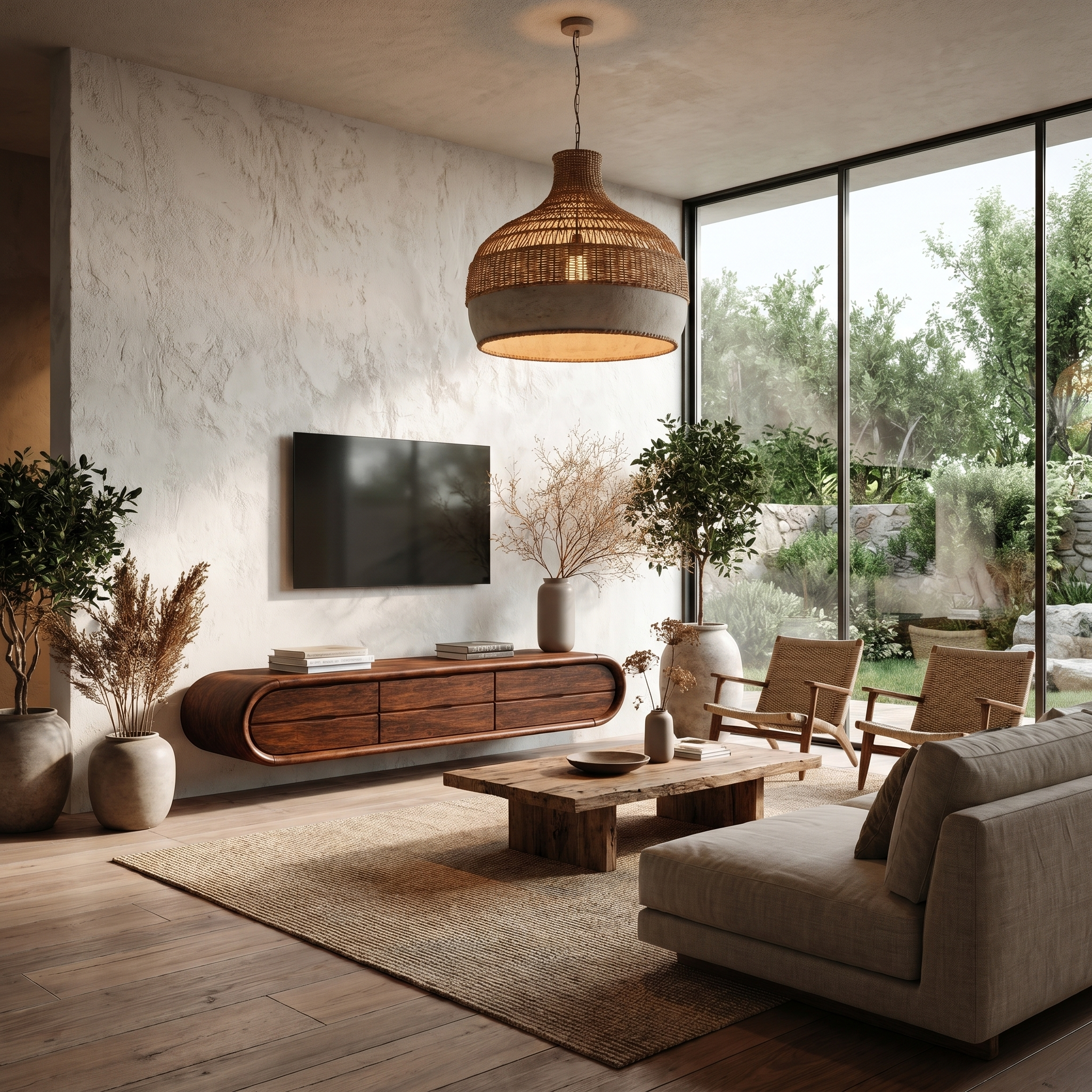 Organic Floating TV Cabinet With Sculptural Curved Wood Frame For Living Room SINLHATC052