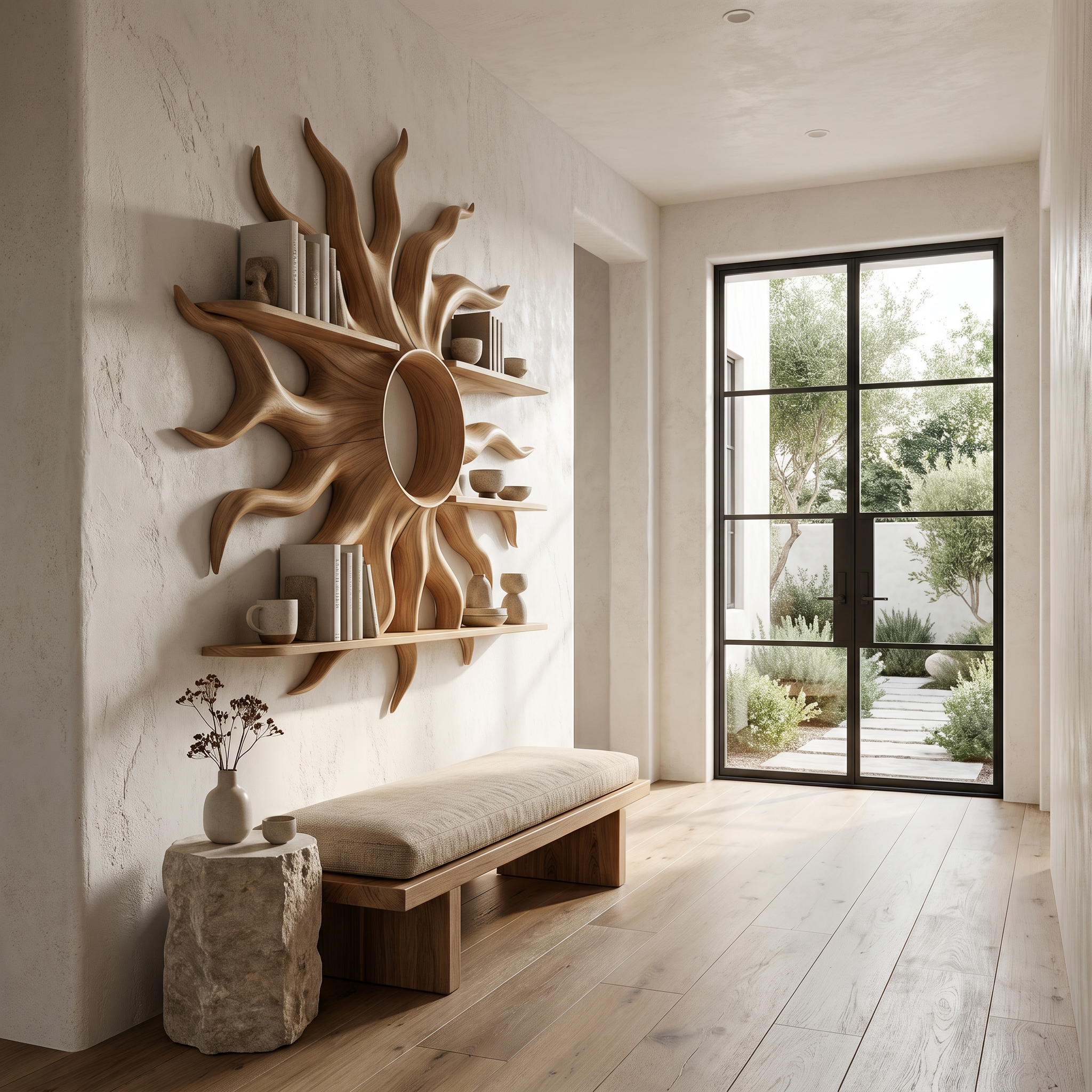 Sculptural Sun Wall Shelf With Floating Shelf For Home Decor SINLHAFL547