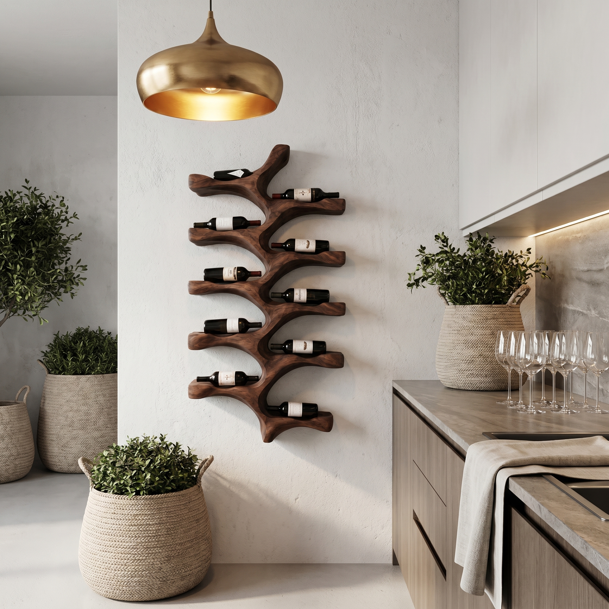 Organic Wall Mounted Wine Rack With Tree Branch Bottle Holders For Kitchen SINLHAWR028