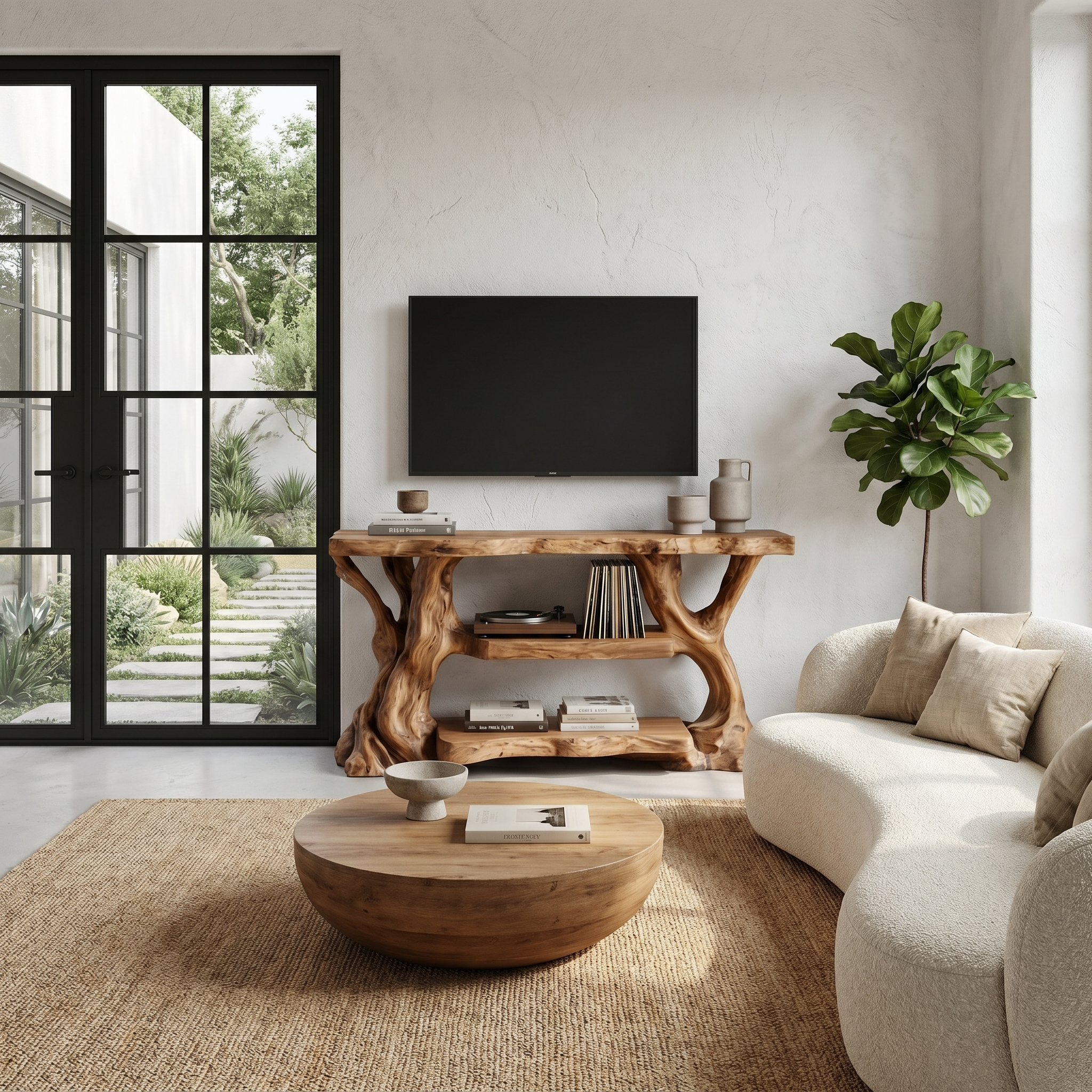 Rustic TV Stand With Natural Wood Sculptural Frame For Living Room SINLHATC066