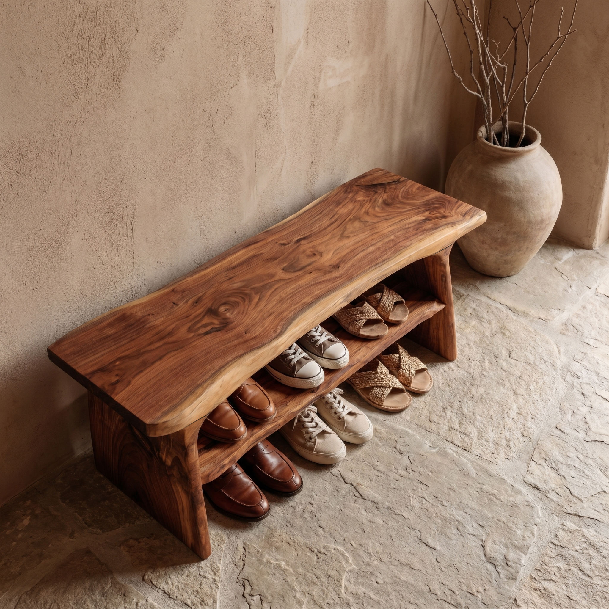 Rustic Shoe Bench With Natural Wood Storage For Entryway SINLHASB089