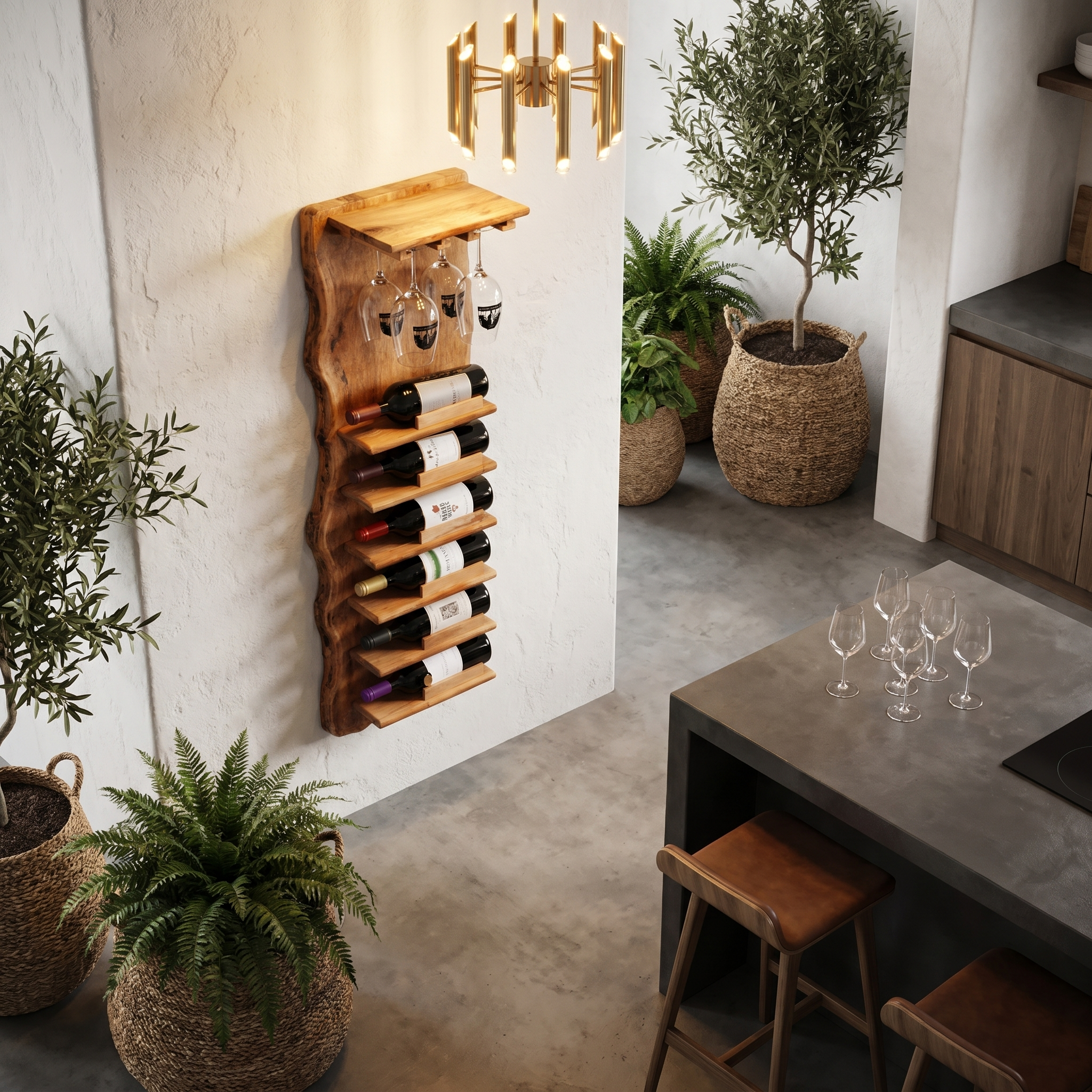 Live Edge Wall Mounted Wine Rack With Glass Holder And Vertical Bottle Storage For Kitchen And Dining Room SINLHAWR032