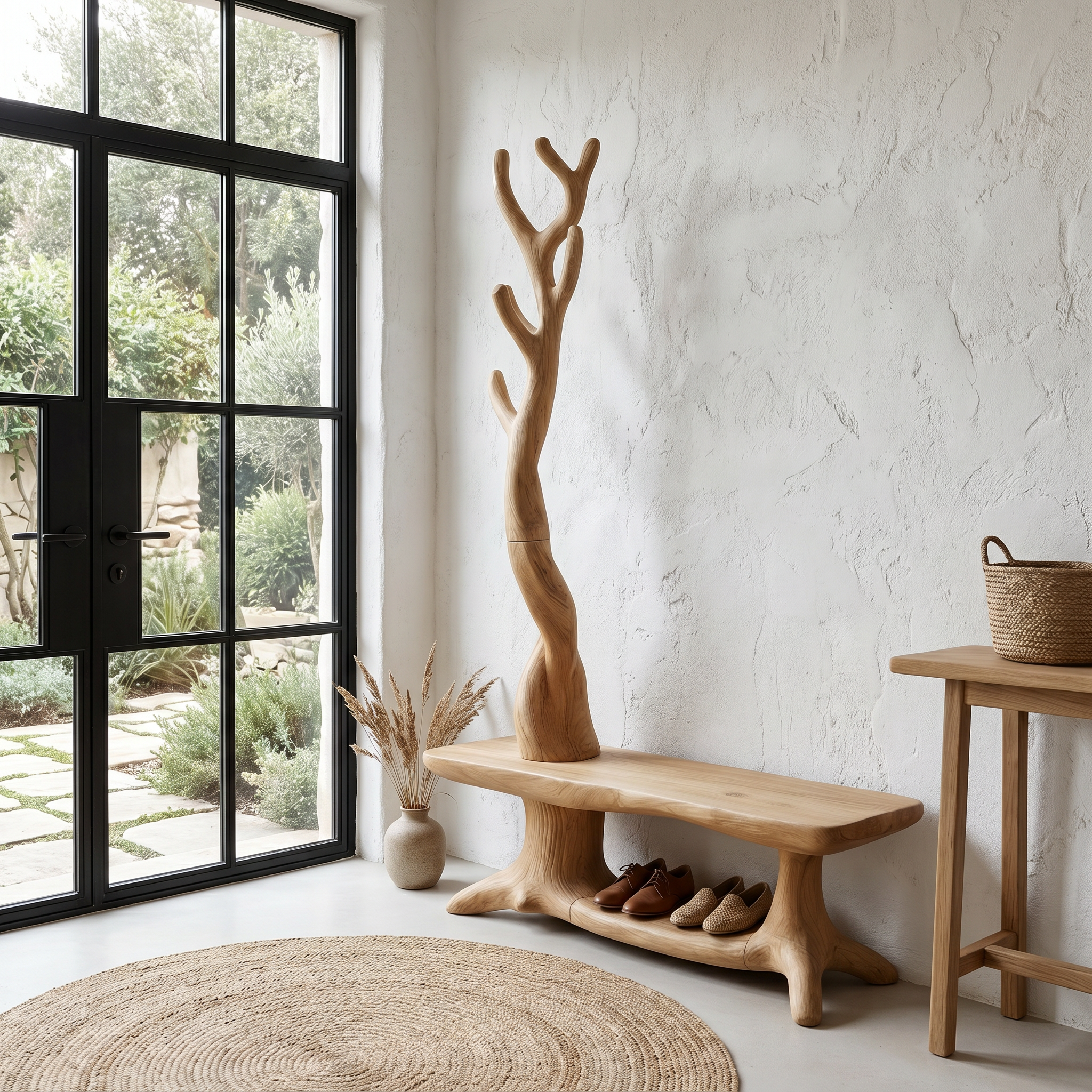 Rustic Shoe Storage Bench With Branch Coat Rack For Entryway SINLHASB091