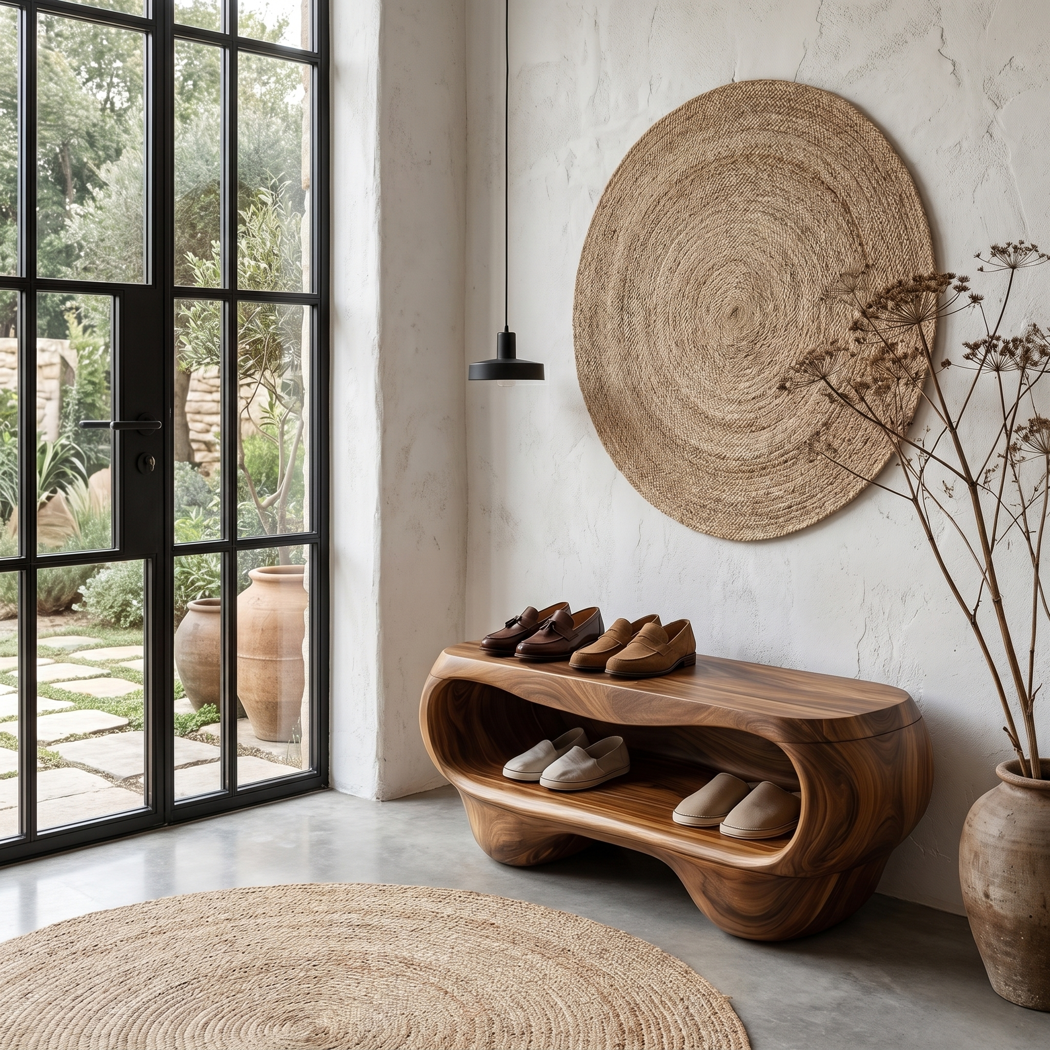Organic Shoe Bench With Rounded Storage Shelves For Entryway SINLHASB094