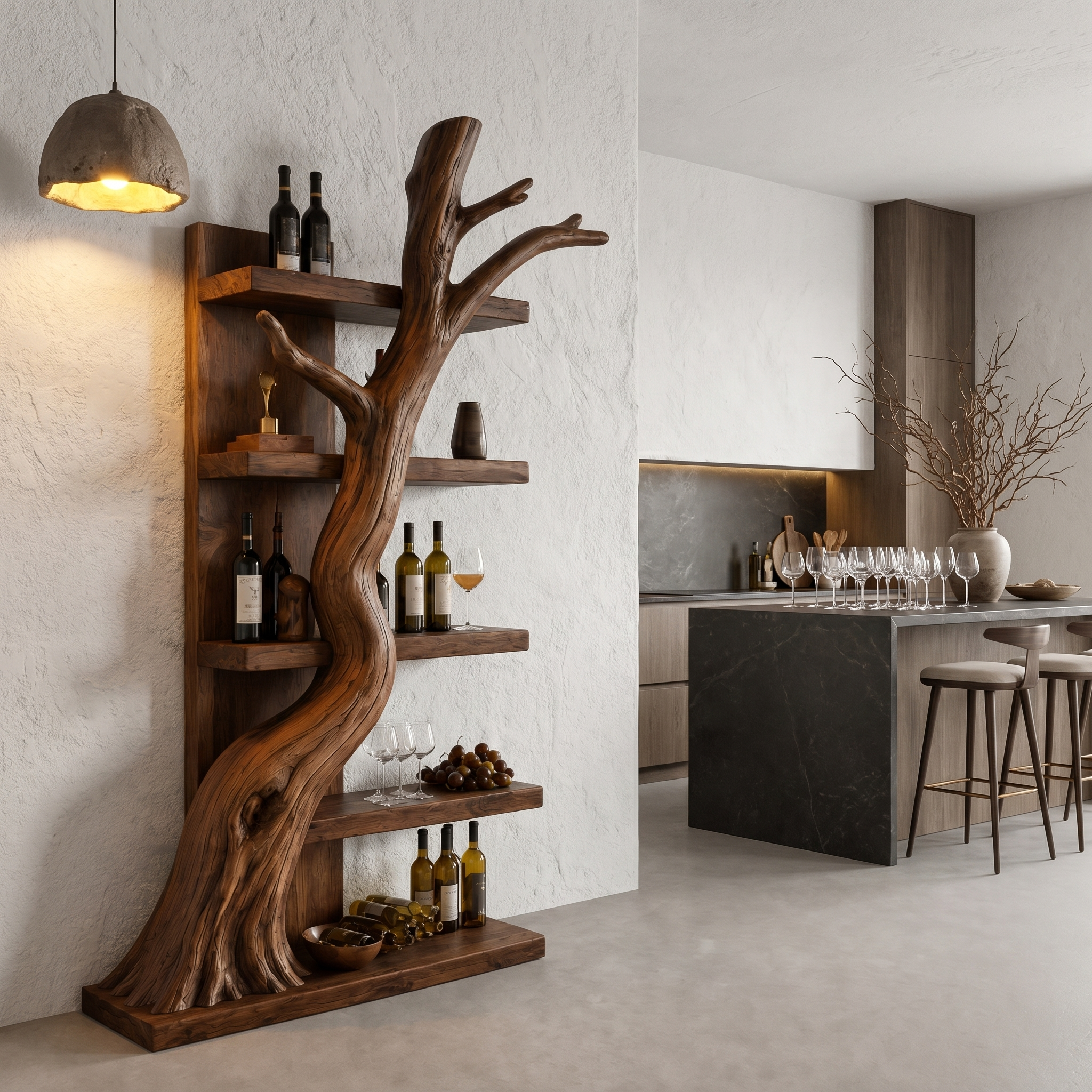 Rustic Tree Wine Rack With Solid Wood Shelves And Sculptural Root Base For Home Bar SINLHAWR035
