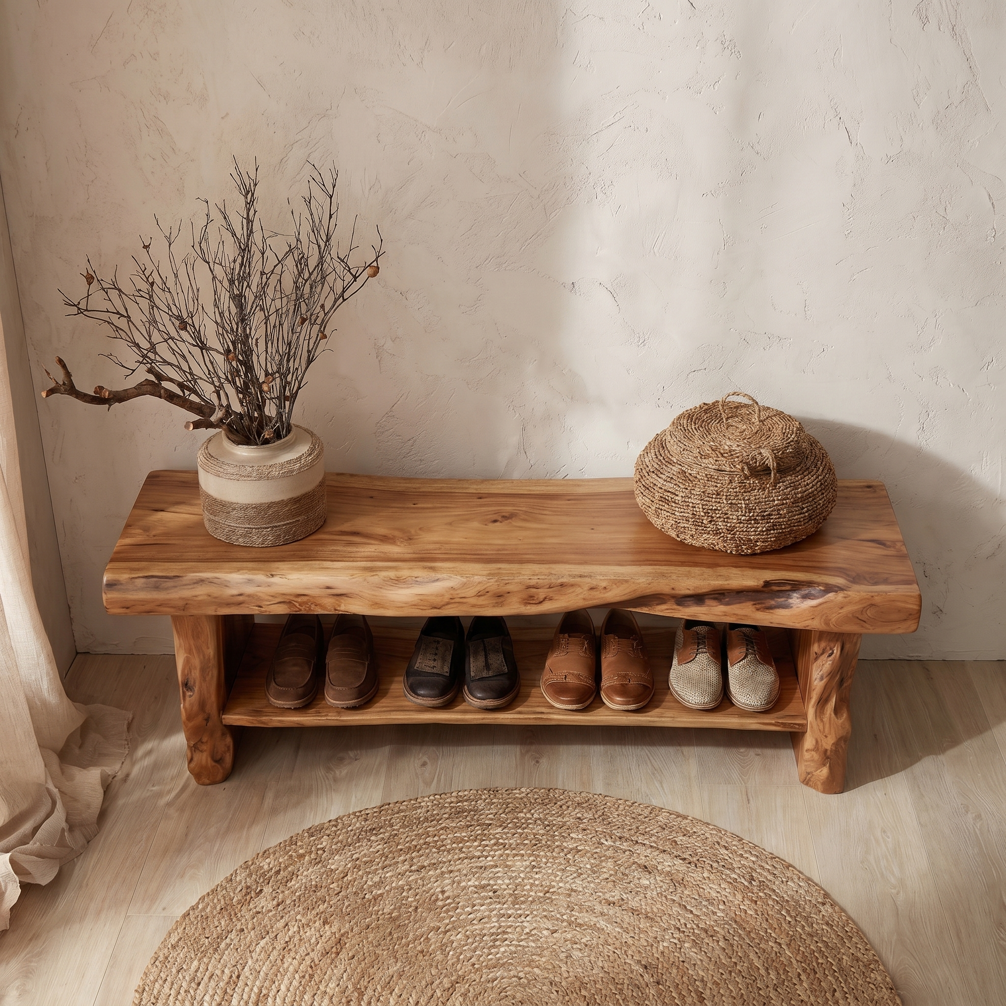 Rustic Shoe Bench Natural Wood Storage For Entryway SINLHASB096