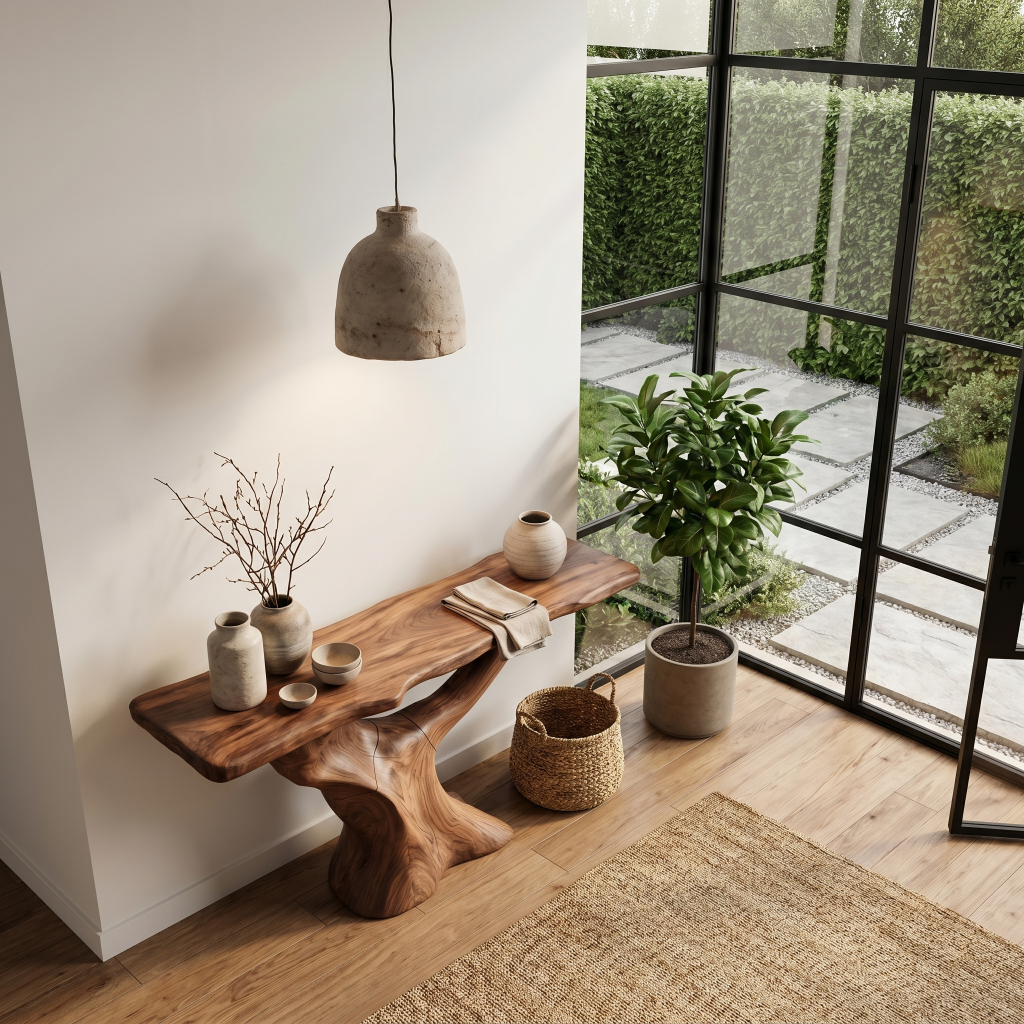 Rustic Console Table With Sculptural Wooden Base For Entryway SINLHACS575