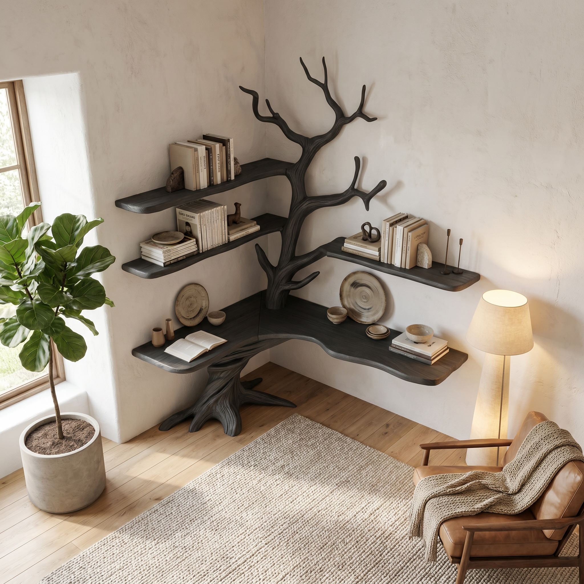Organic Corner Desk With Sculptural Tree Branch Shelving For Home Office And Workspace SINLHADK130