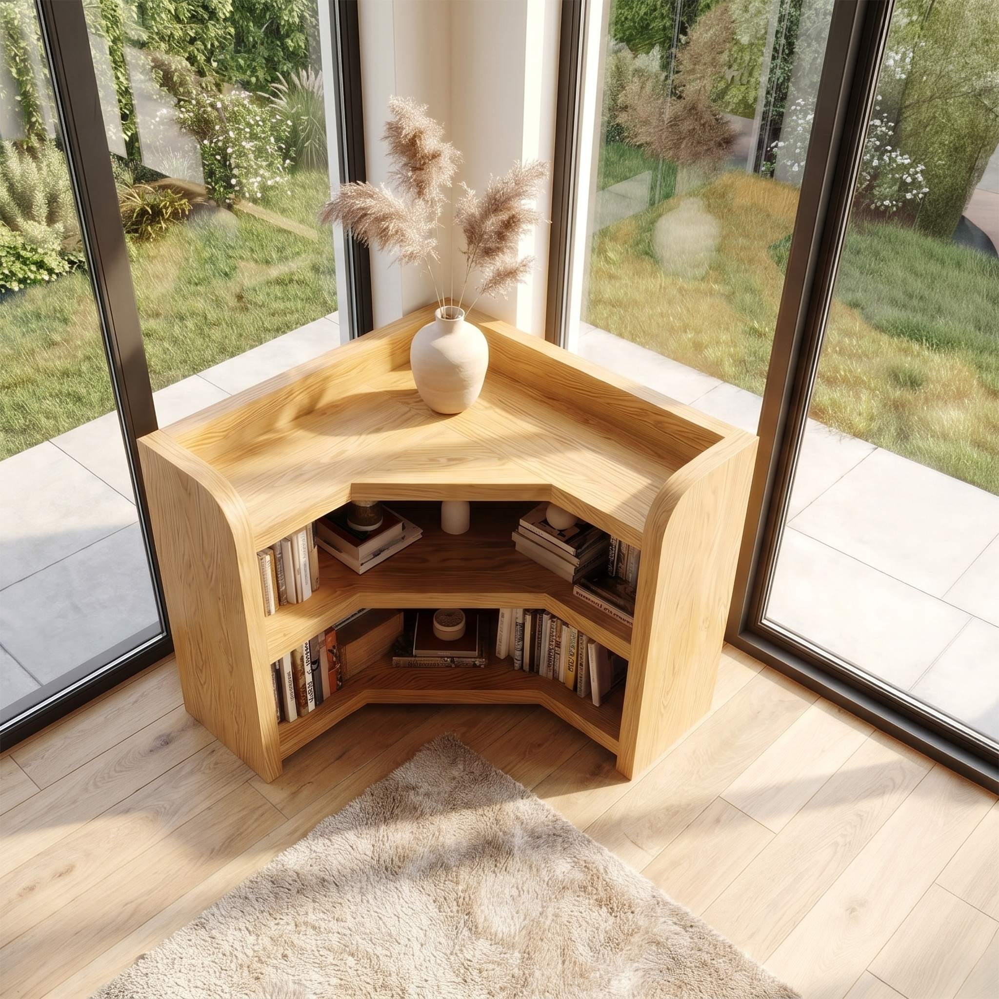 Natural Wooden Bookshelf With Rounded Edges And Open Shelves For Living Room And Bedroom SINLSABS028