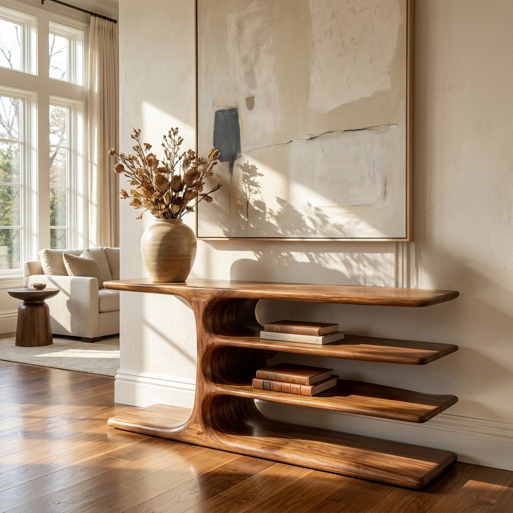 Organic Wooden Console Table With Layered Shelving For Hallway RTTHHNCS033