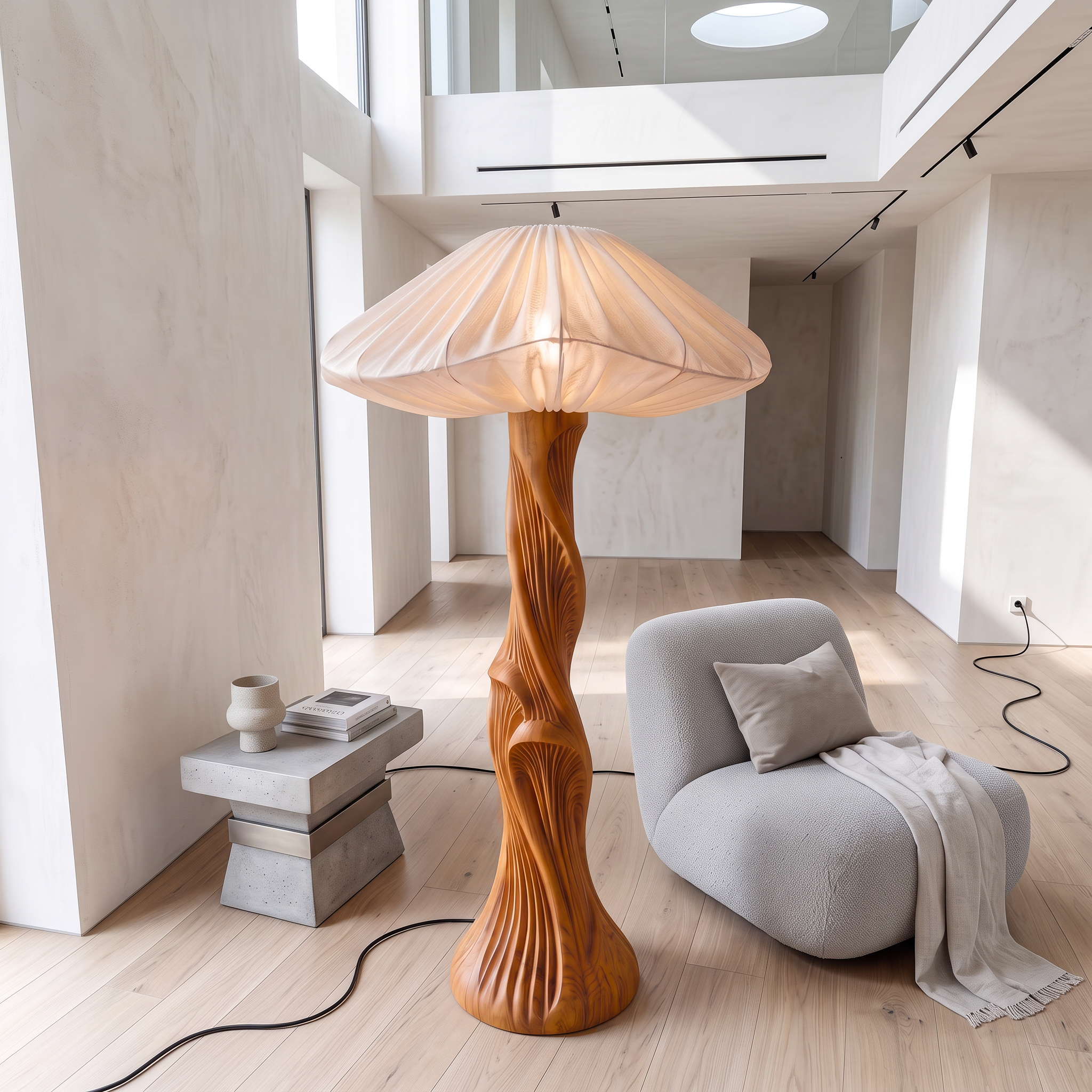 Contemporary Floor Lamp Carved Wood Mushroom Shade Pedestal Lounge SINLSAFLP134