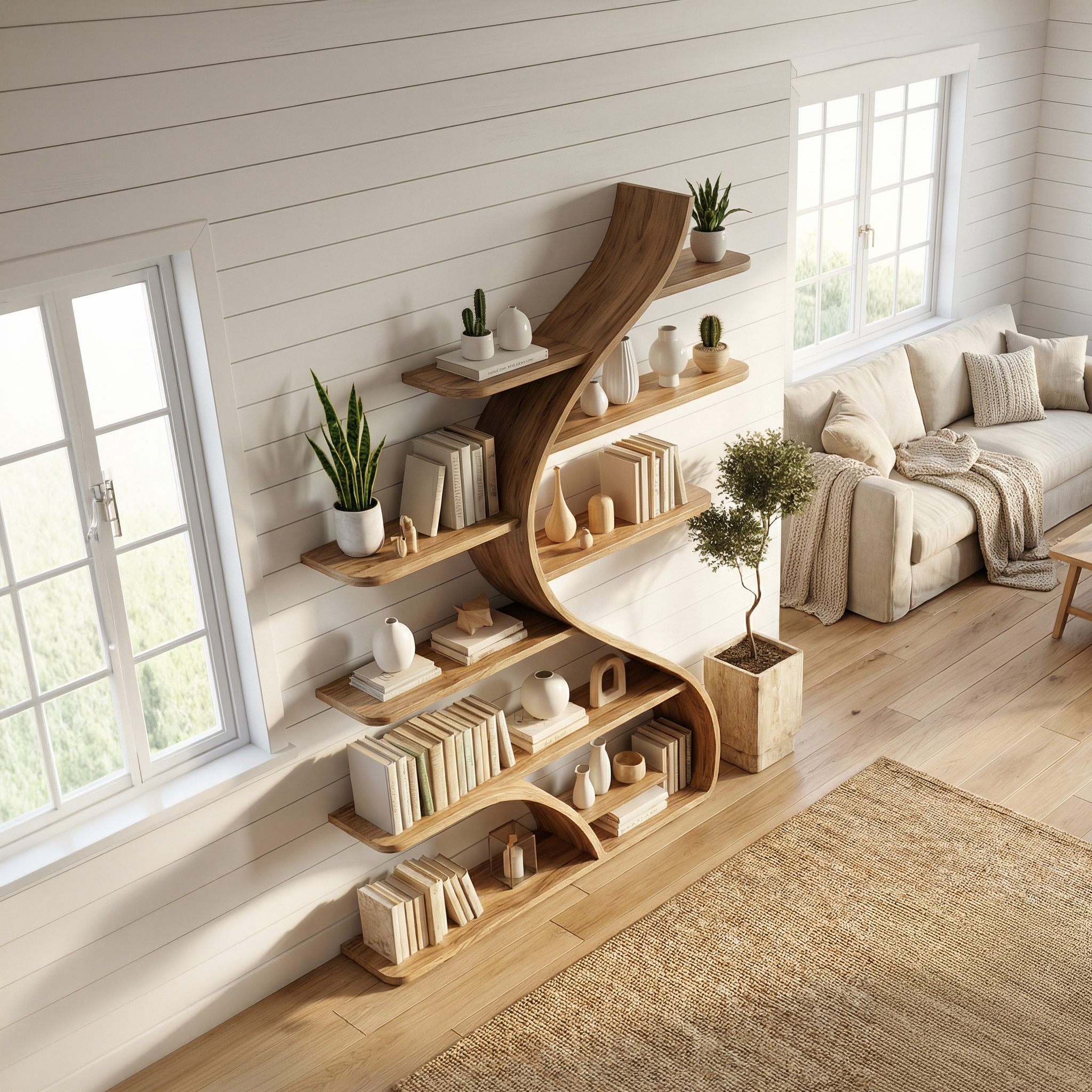 Rustic Curved Wall Bookshelf For Bedroom And Living Room SINLSASC471