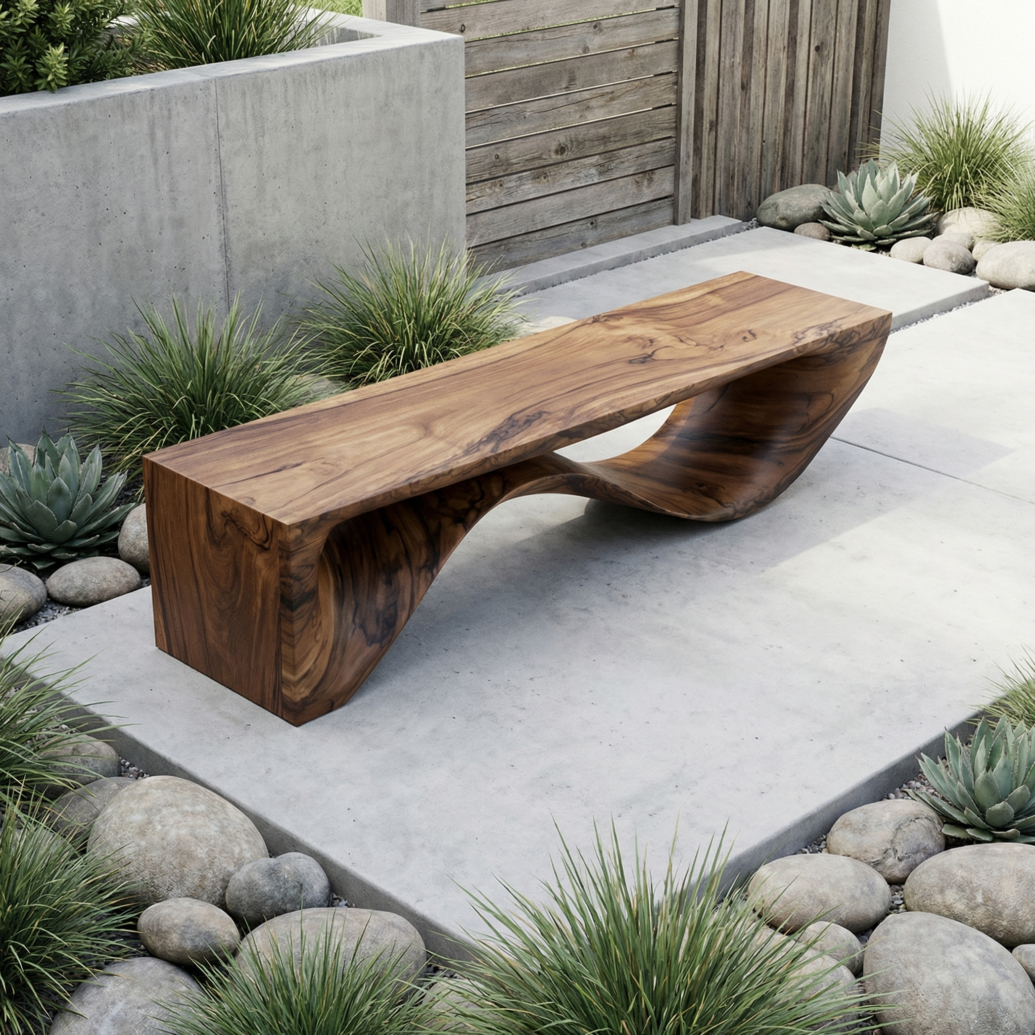Sculptural Wave Bench Solid Wood Extended Curved Form Entryway SINLHARS095
