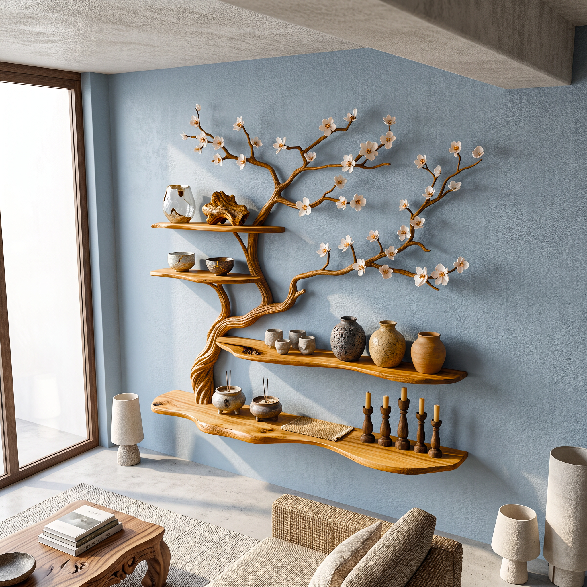 Rustic Blossom Floating Shelf Solid Wood Wall Art Living Room SINLSATBS075