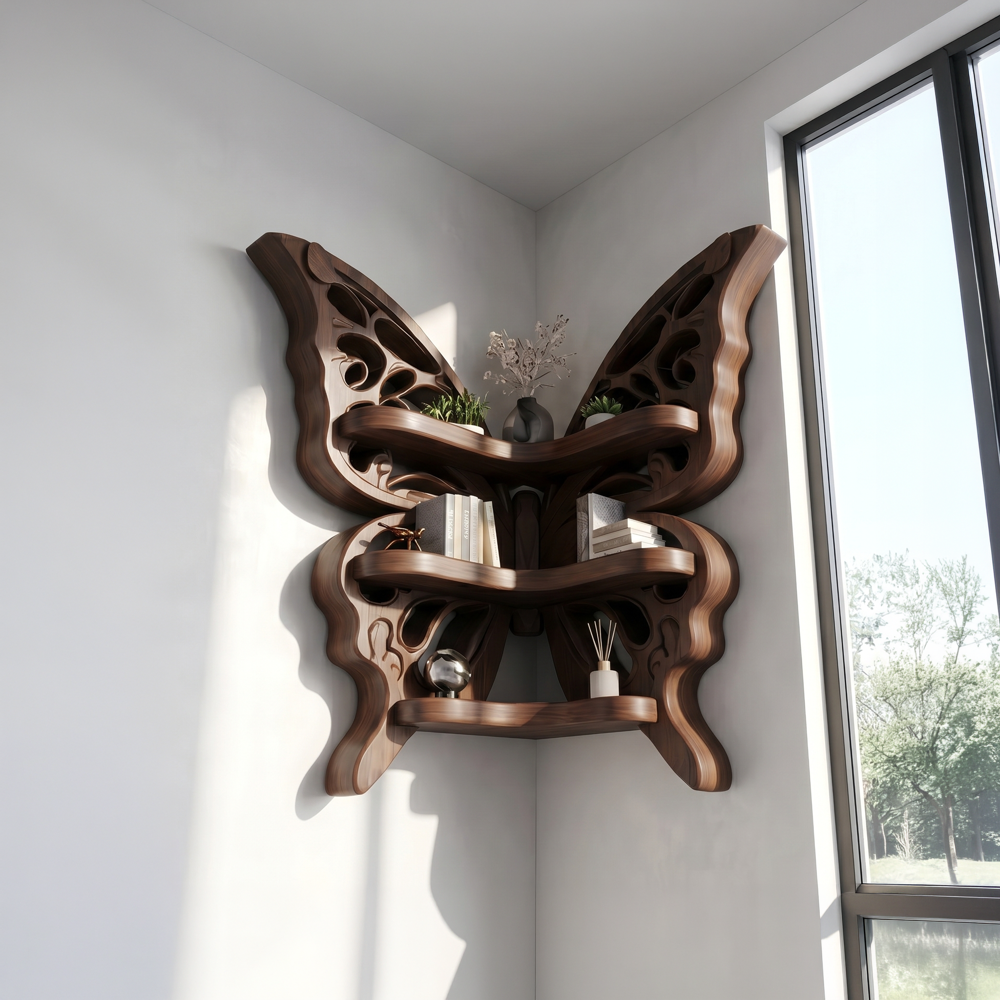 Sculptural Butterfly Floating Shelf With Handcrafted Solid Wood Design For Living Room SINLSAFL544