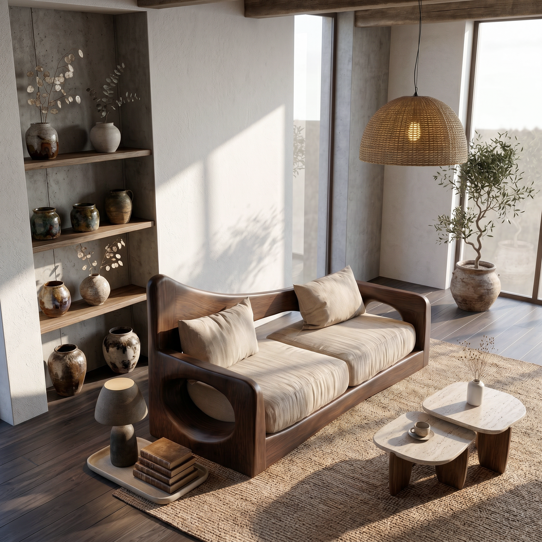 Modern Organic Sofa With Sculptural Perforated Wood Frame SINLSASF042