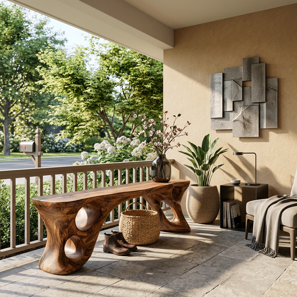 Sculptural Bench With Carved Design For Entryway SITHTTCHR049