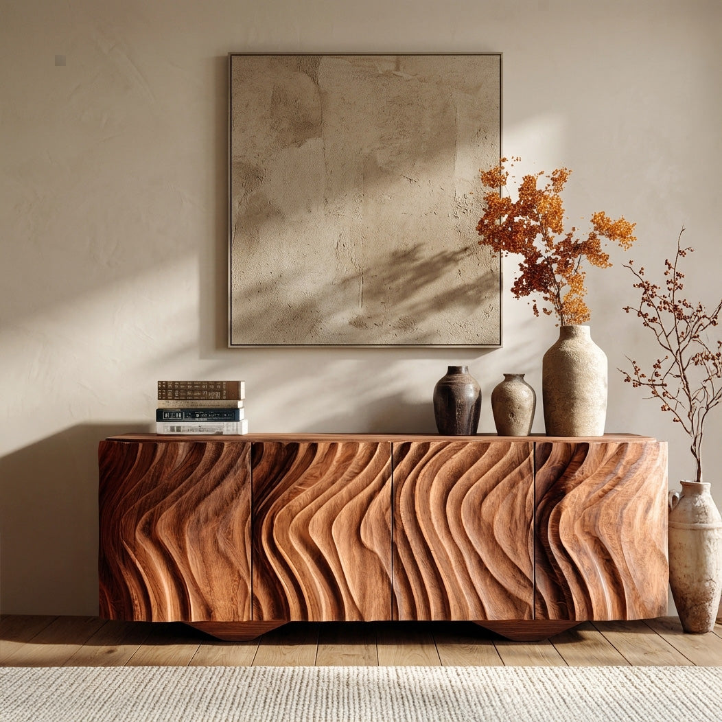 Farmhouse Wooden Sideboard With Carved Wave Doors For Living Storage RTTHHNSD041