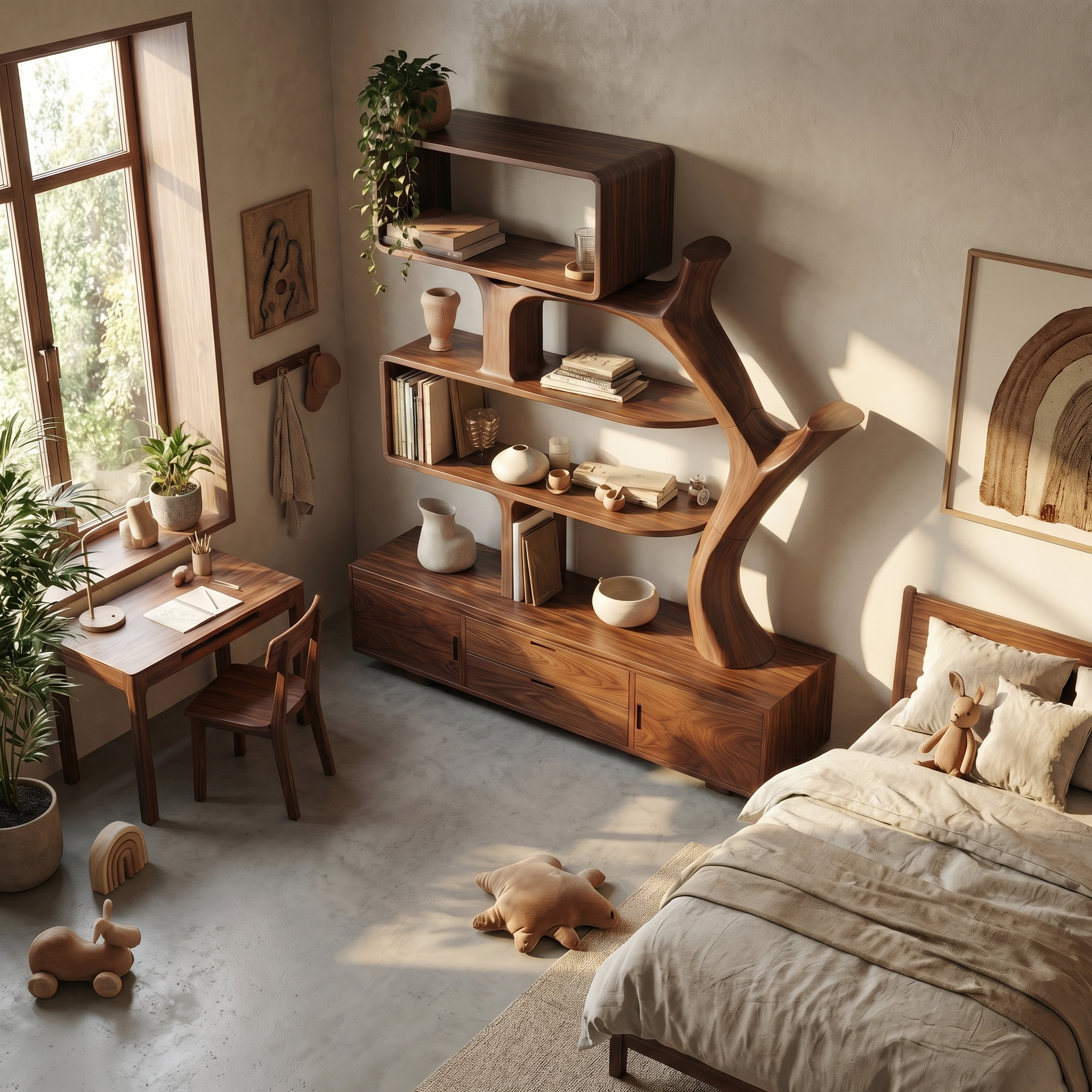 Sculptural Wood Display Shelf With Storage For Living Room SINLSABS010