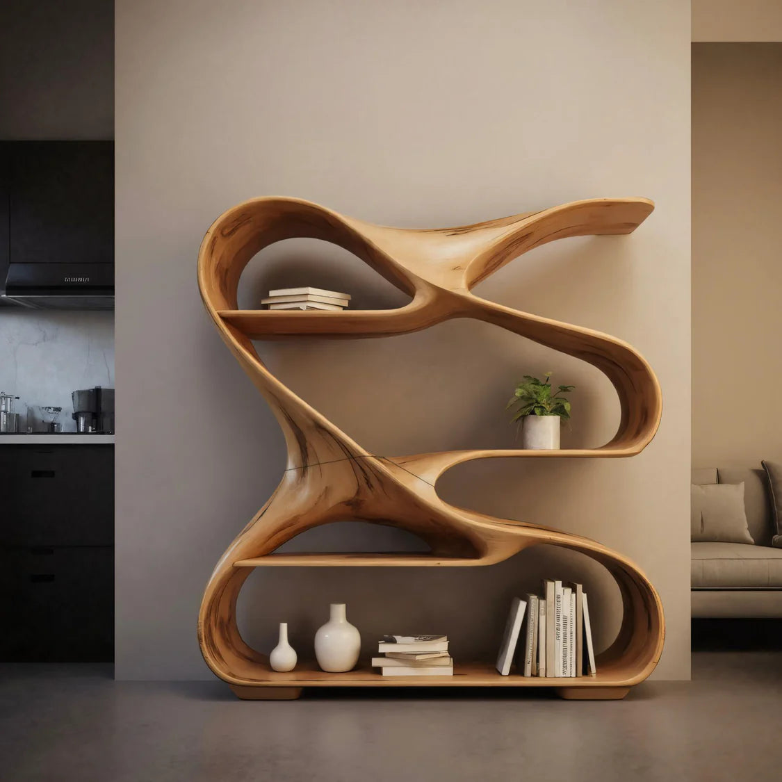 Modern Sculptural Wooden Bookshelf For Living Room Or Office Display SITHHNBS005