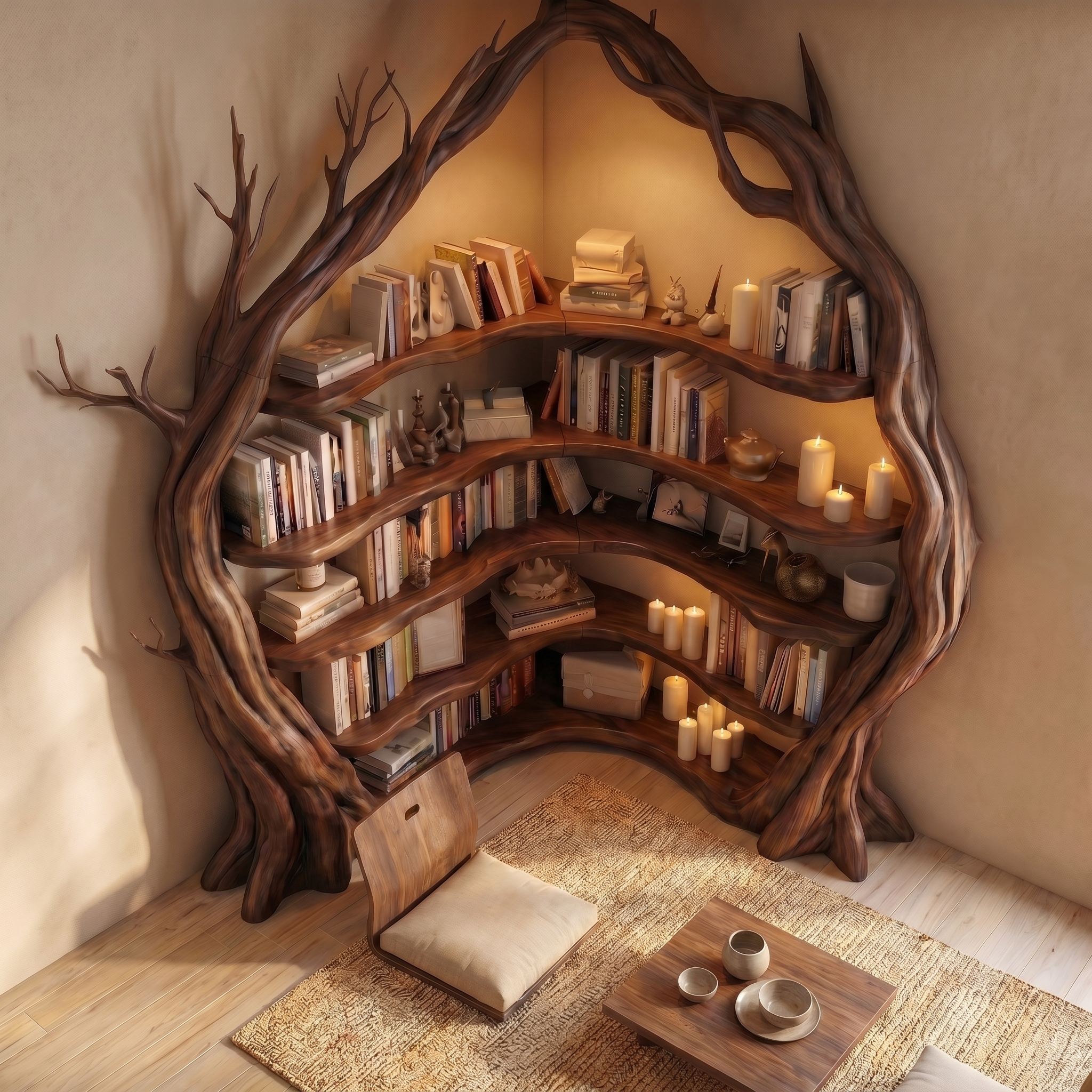 Statement Tree Corner Bookshelf For Living Room And Reading Nook SINLSATB733