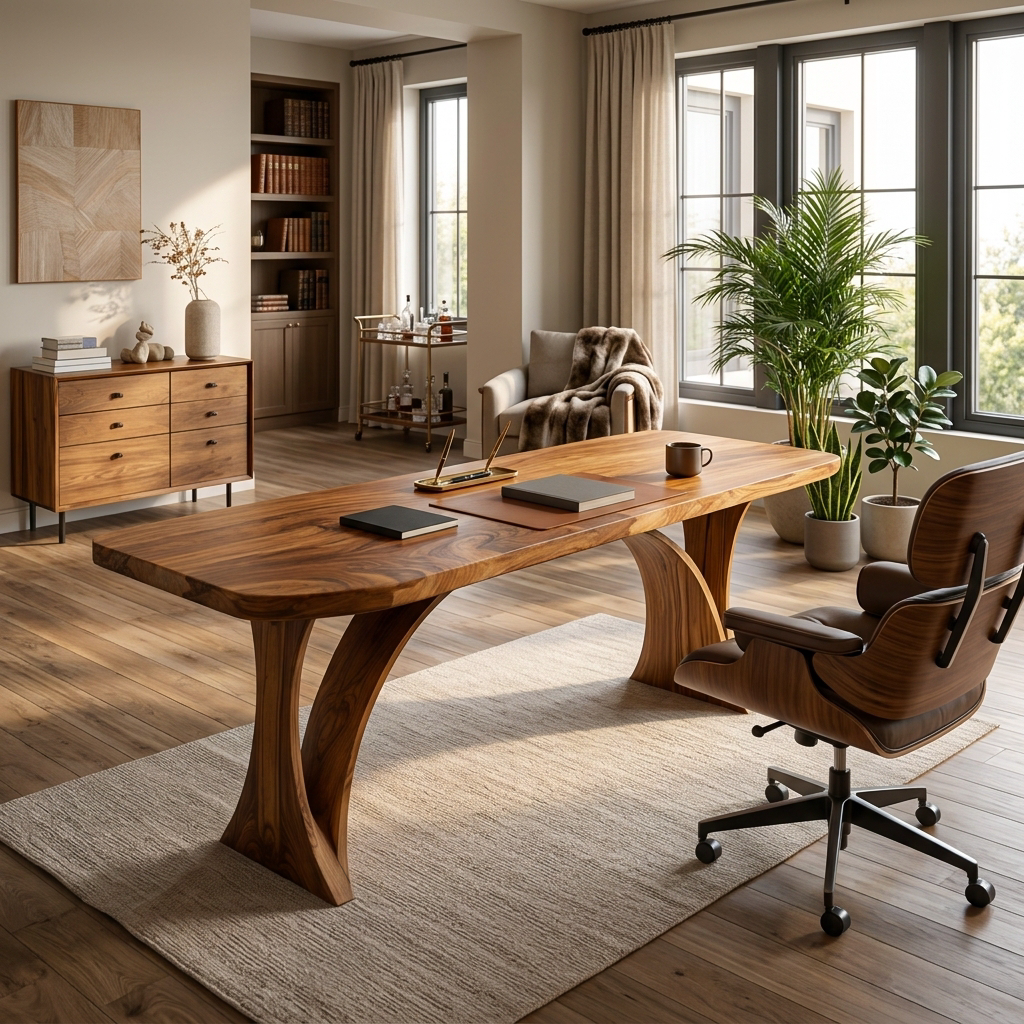 Handmade Wooden Desk With Unique Curved Base For Workspace RTTHTTDE076