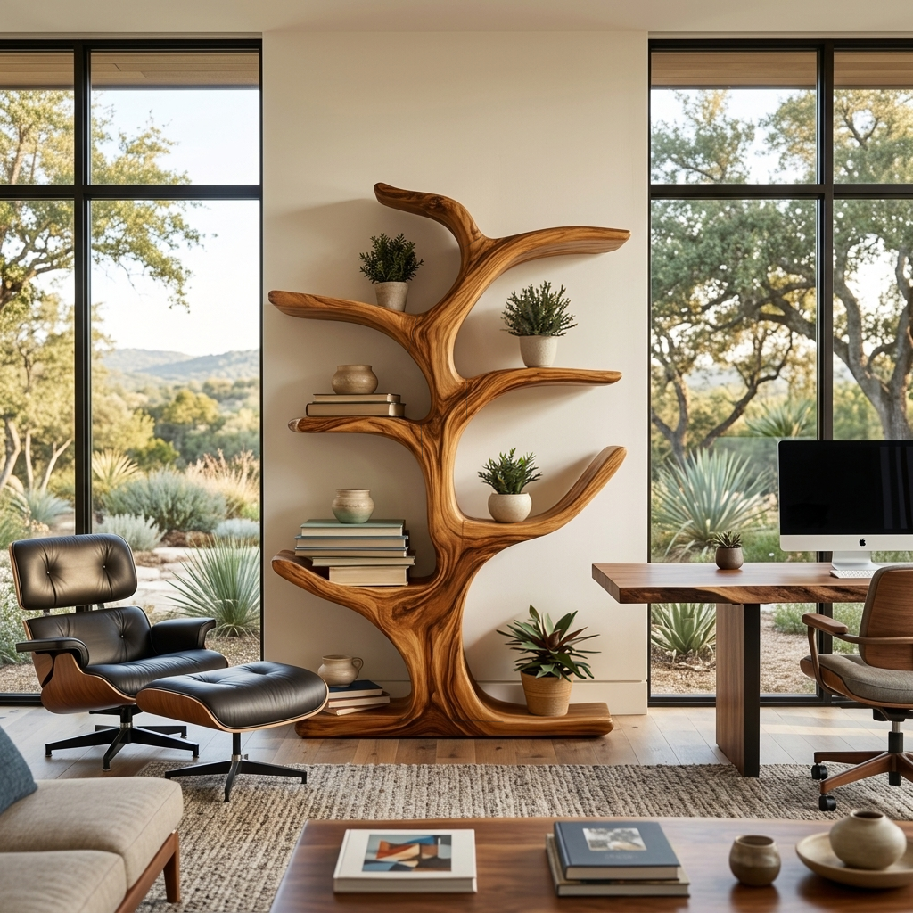 Handmade Wood Bookshelf Sculptural Curved Design For Living Room RTTHTTBS110